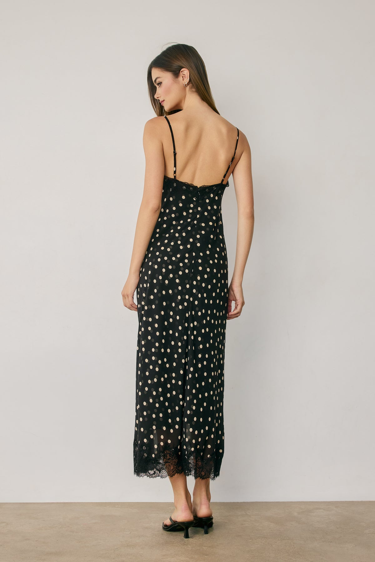 Polka Dot Chiffon Lace Trim Slip Midi Dress