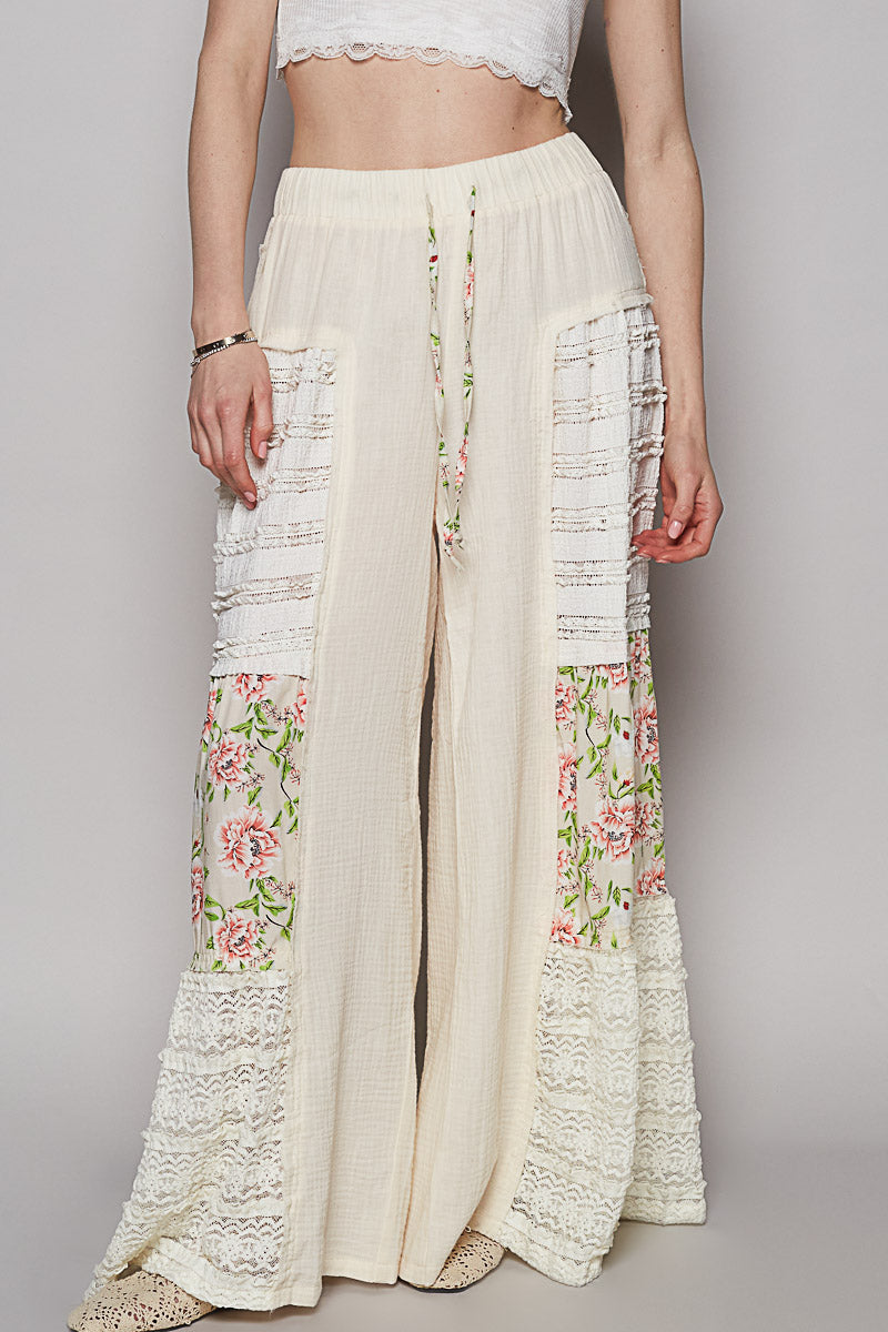 Double Gauze Lace and Print Patch Flare Pants