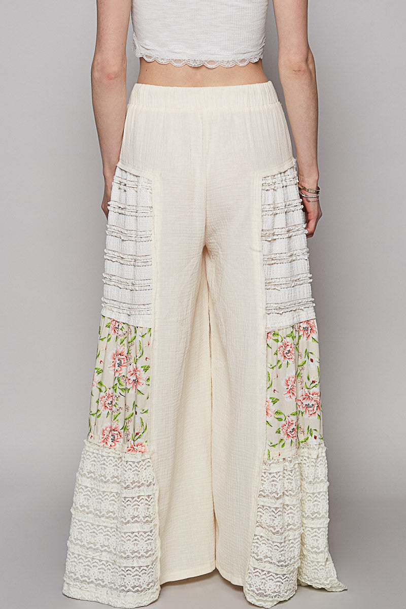 Double Gauze Lace and Print Patch Flare Pants