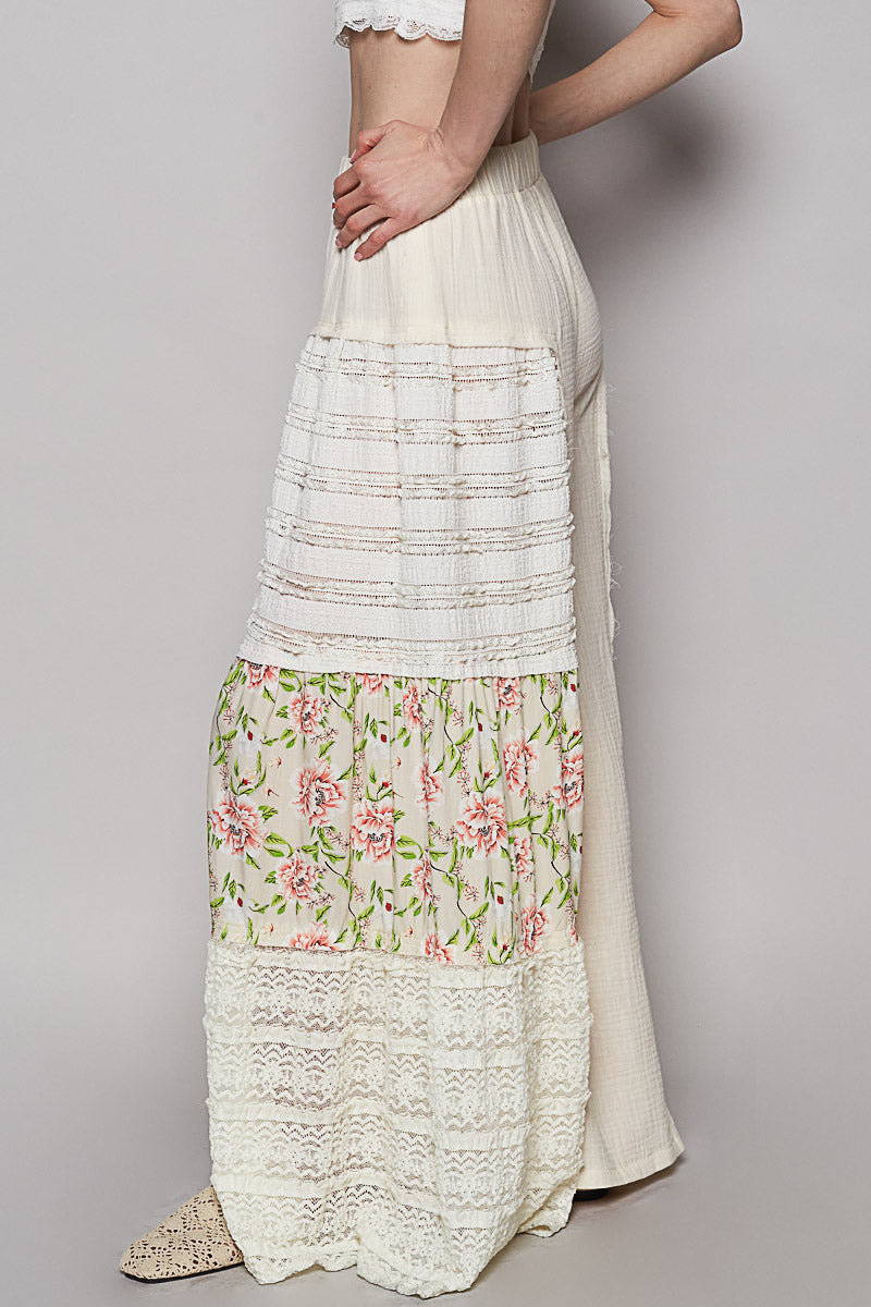 Double Gauze Lace and Print Patch Flare Pants
