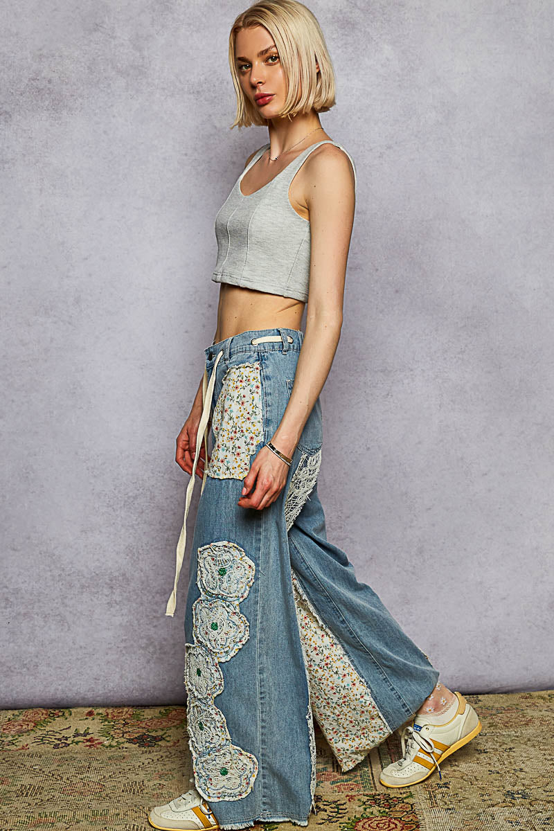 Floral Patch Relaxed Fit Denim Pants