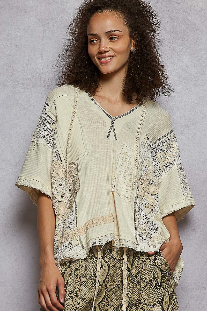 Ribbed Lace Detail Pointed Relaxed Fit Top