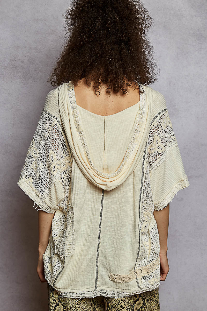 Ribbed Lace Detail Pointed Relaxed Fit Top