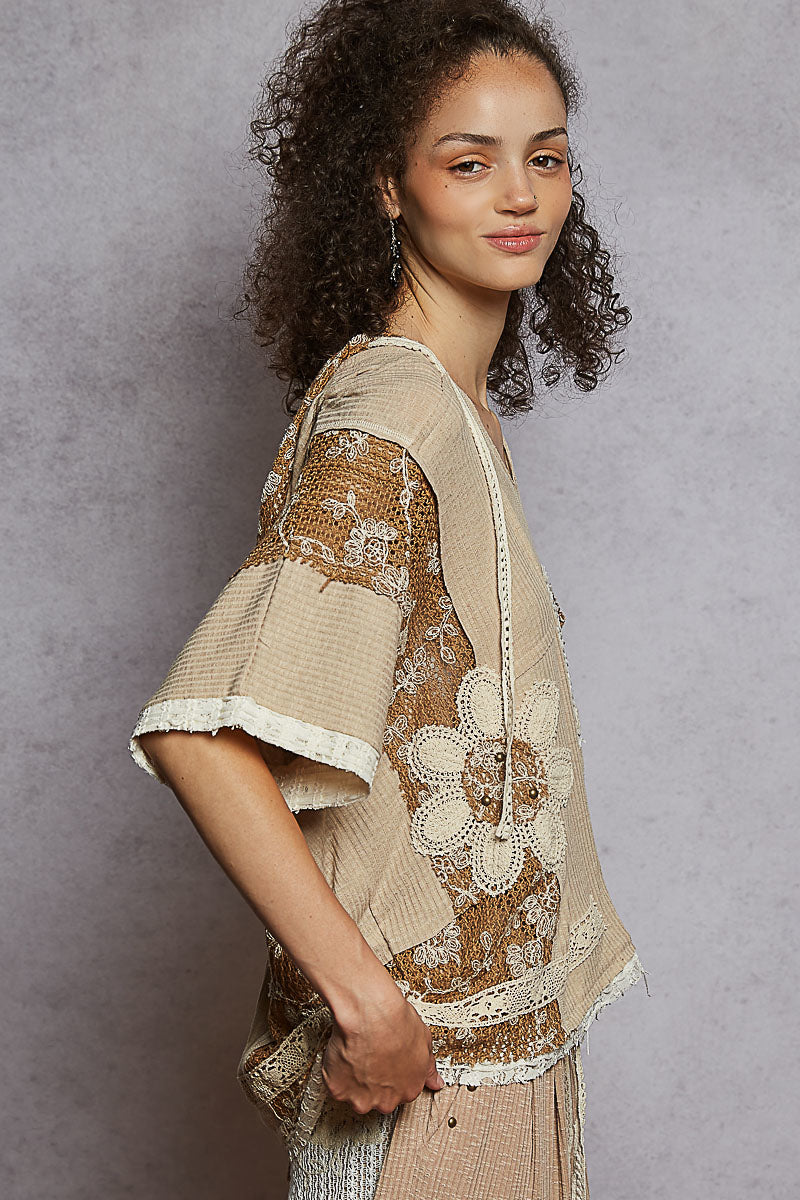 Ribbed Lace Detail Pointed Relaxed Fit Top