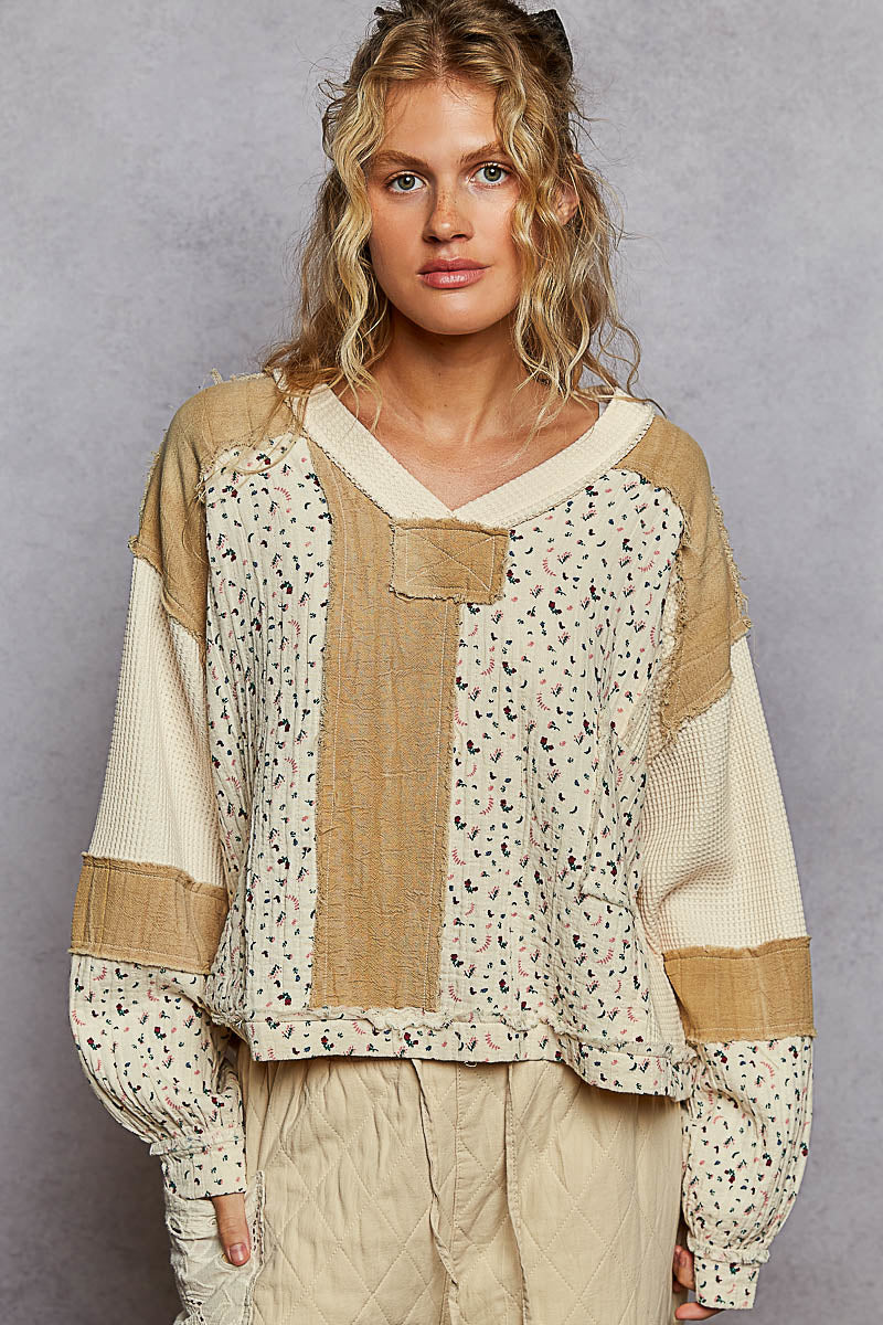 Printed Double Gauze V Neck Oversized Fit Top