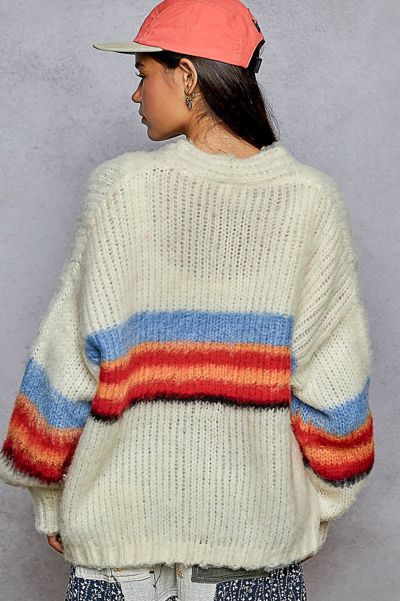 Pointed Striped Pattern Open Cardigan