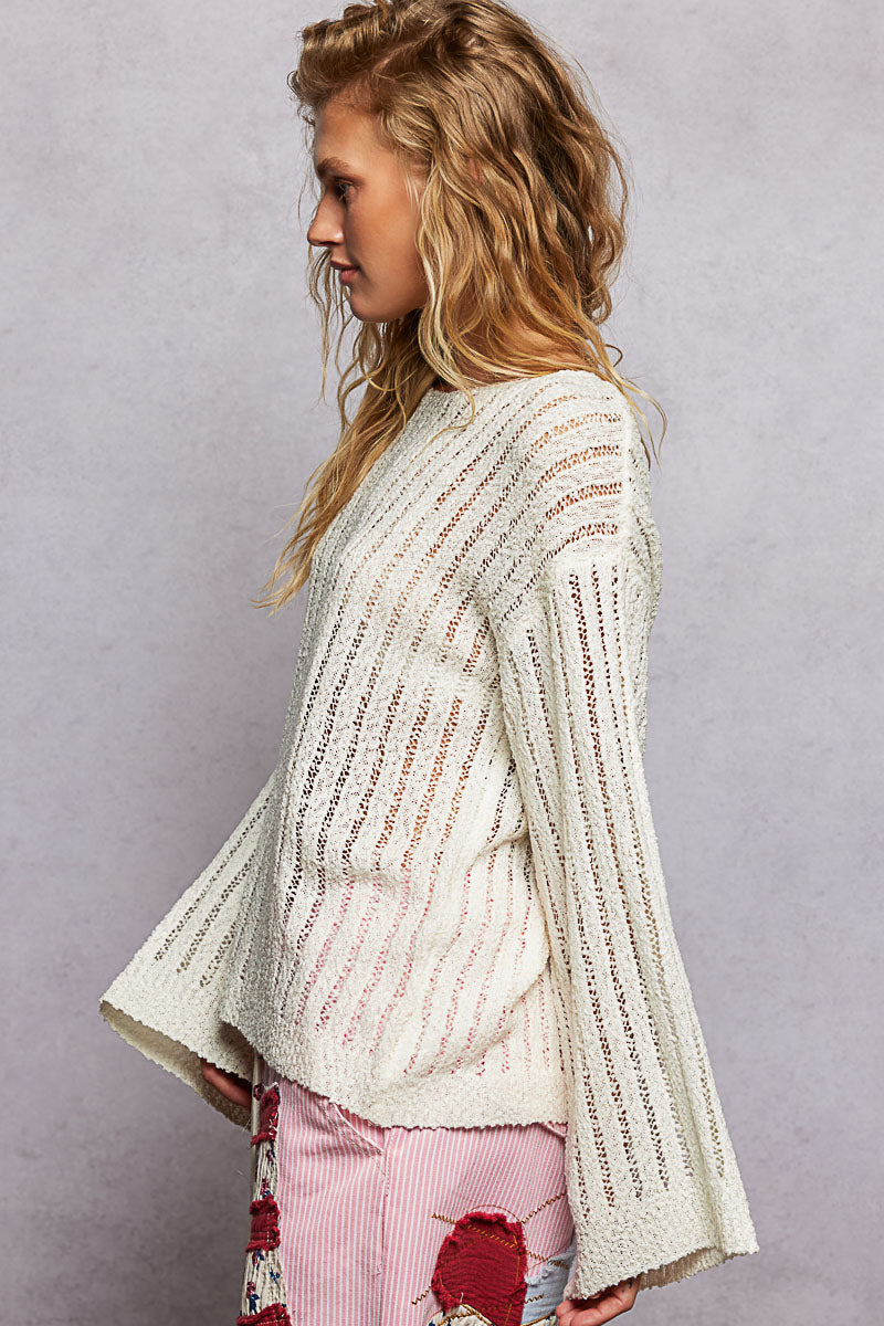 Round Neck Open Weave Relaxed Fit Sweater Top