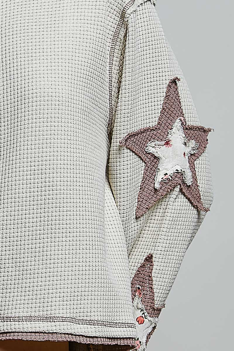 Double Gauze Color Blocked Star Patch Solid Thermal Knit Top