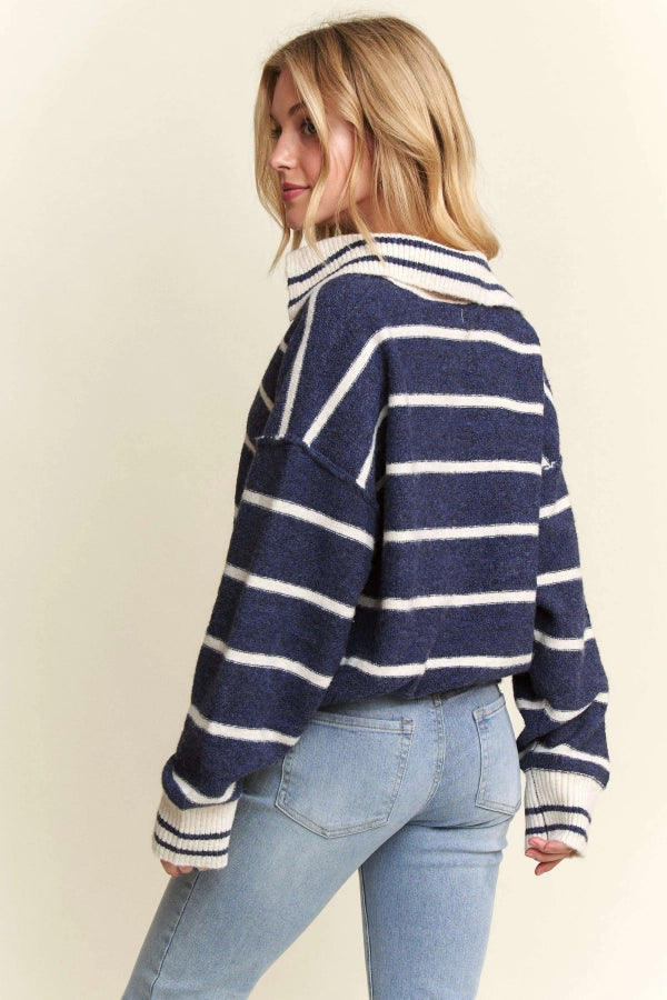 Long Sleeve Striped Polo Sweater Top