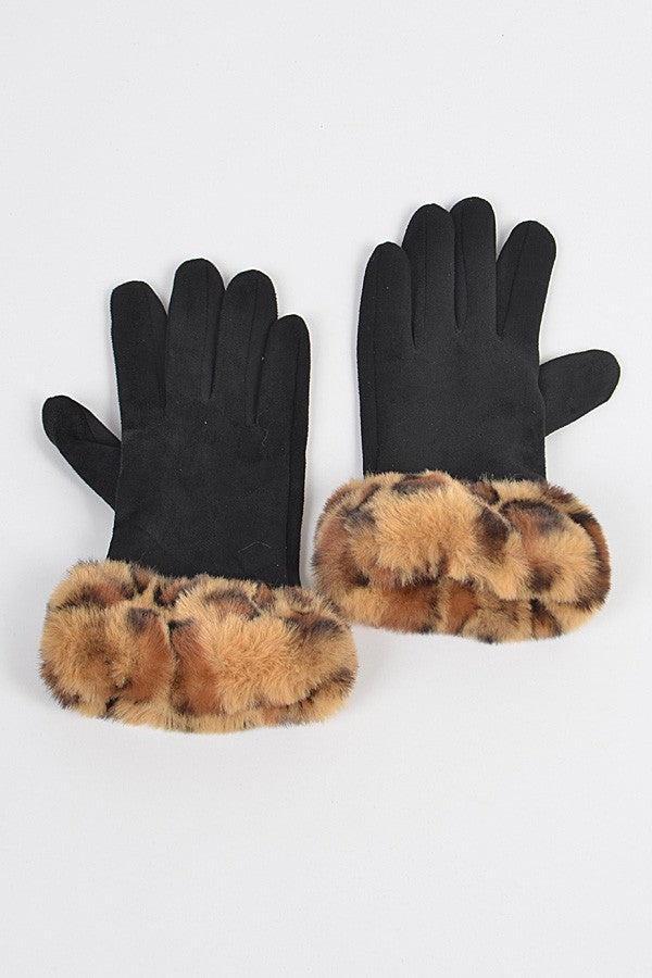 Faux Suede Gloves W Faux Leo Fur