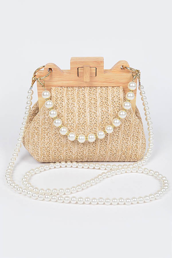 Faux Straw Wood Frame Clutch W/ Faux Pearl Chain