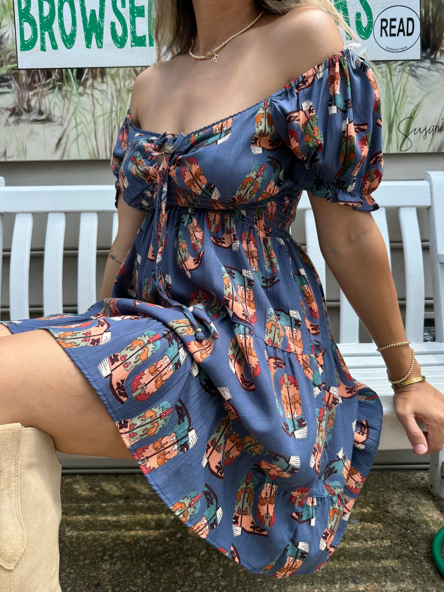 Midnight Cowboy Boots Printed Puff Sleeve Dress