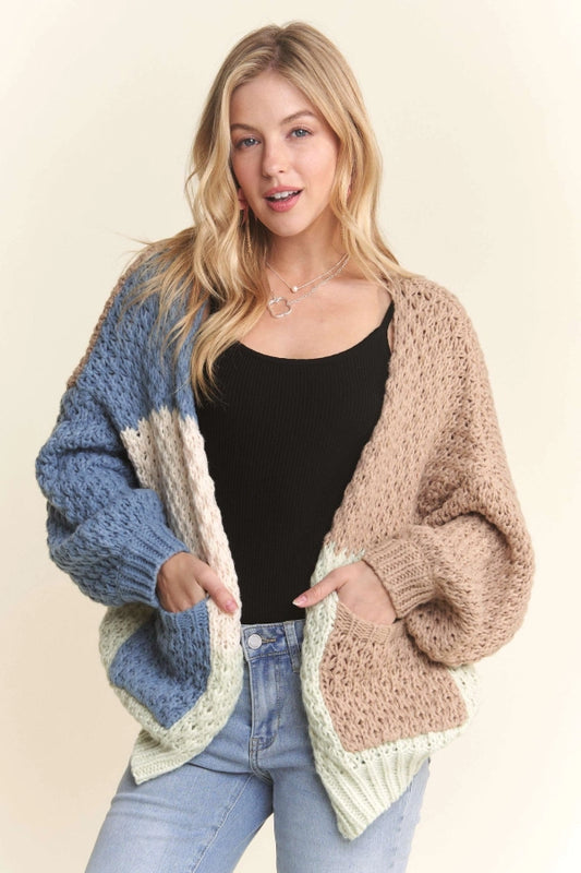Colorblock Sweater Cardigan w/ Pocket