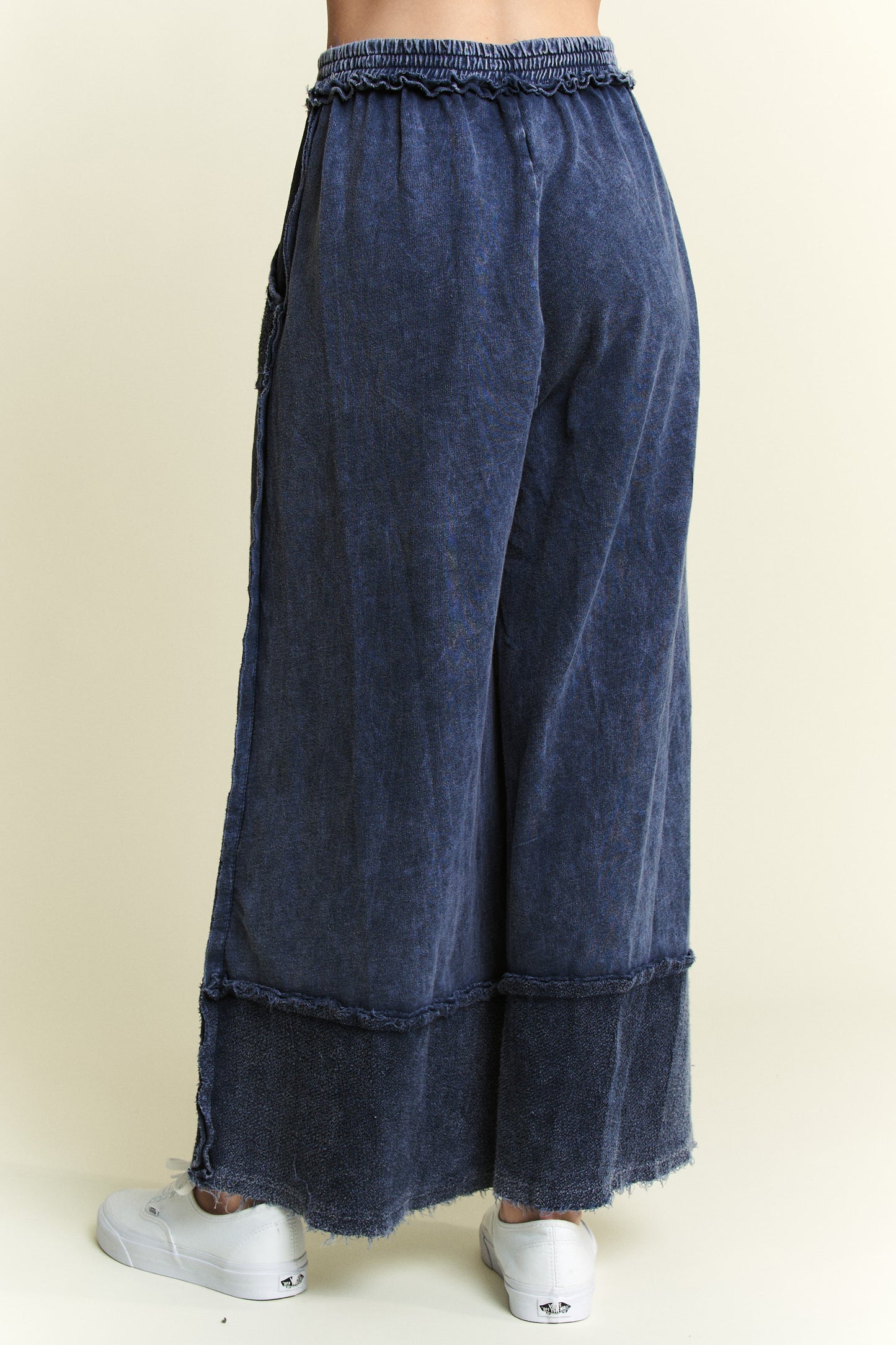 Mineral Washed Wide Leg Pants w/ Raw Hem Frayed Details