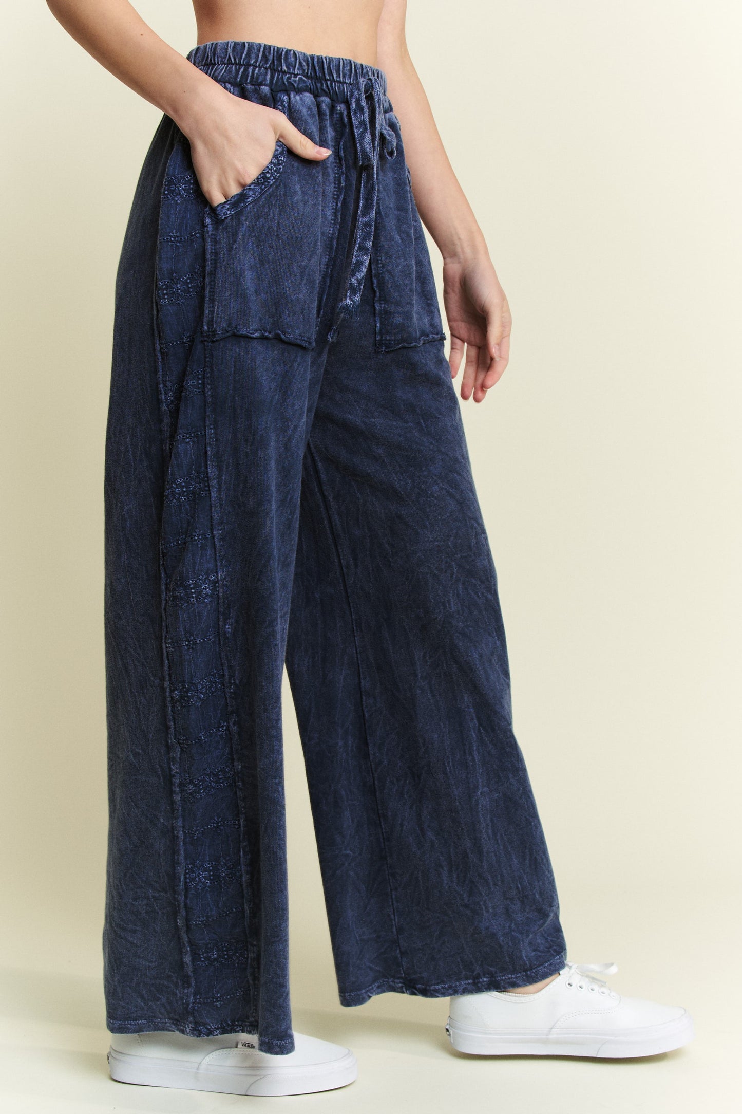 Mineral Washed Eyelet Detailed Side Wide Leg Pants