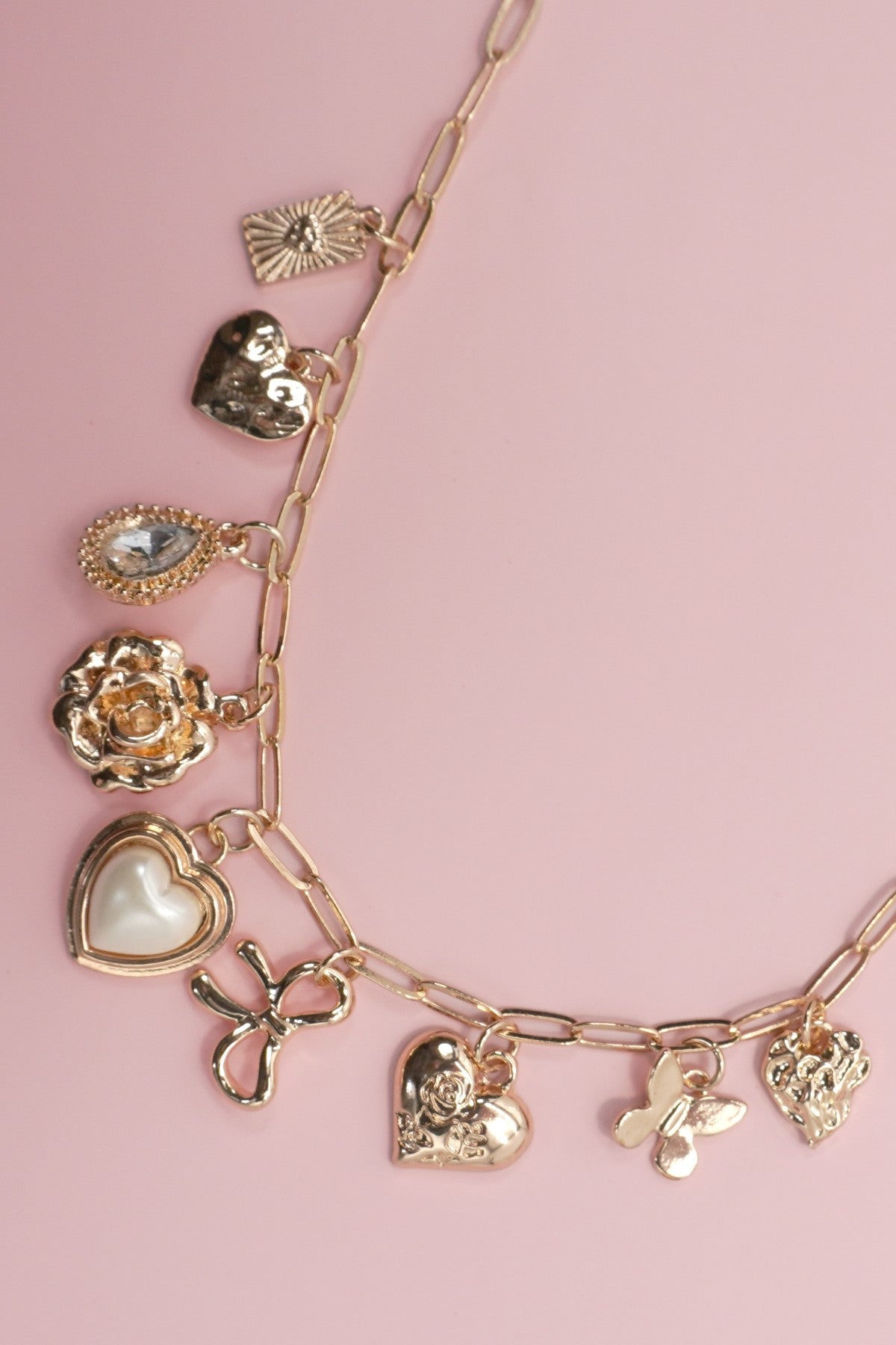 Bow Heart Rhinestone Flower Charm Necklace