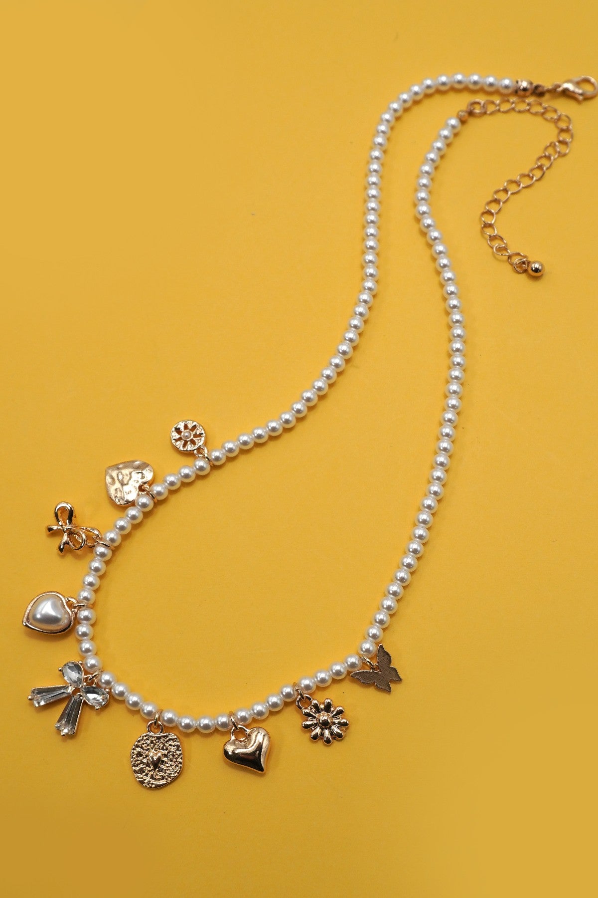 Bow Sunflower Heart Pearl Chain Charm Necklace