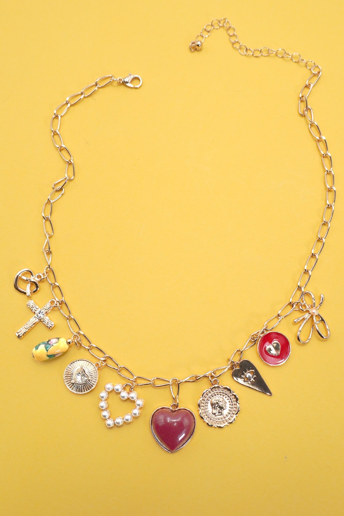 Bow Toile Floral Red Heart Cross Charm Necklace