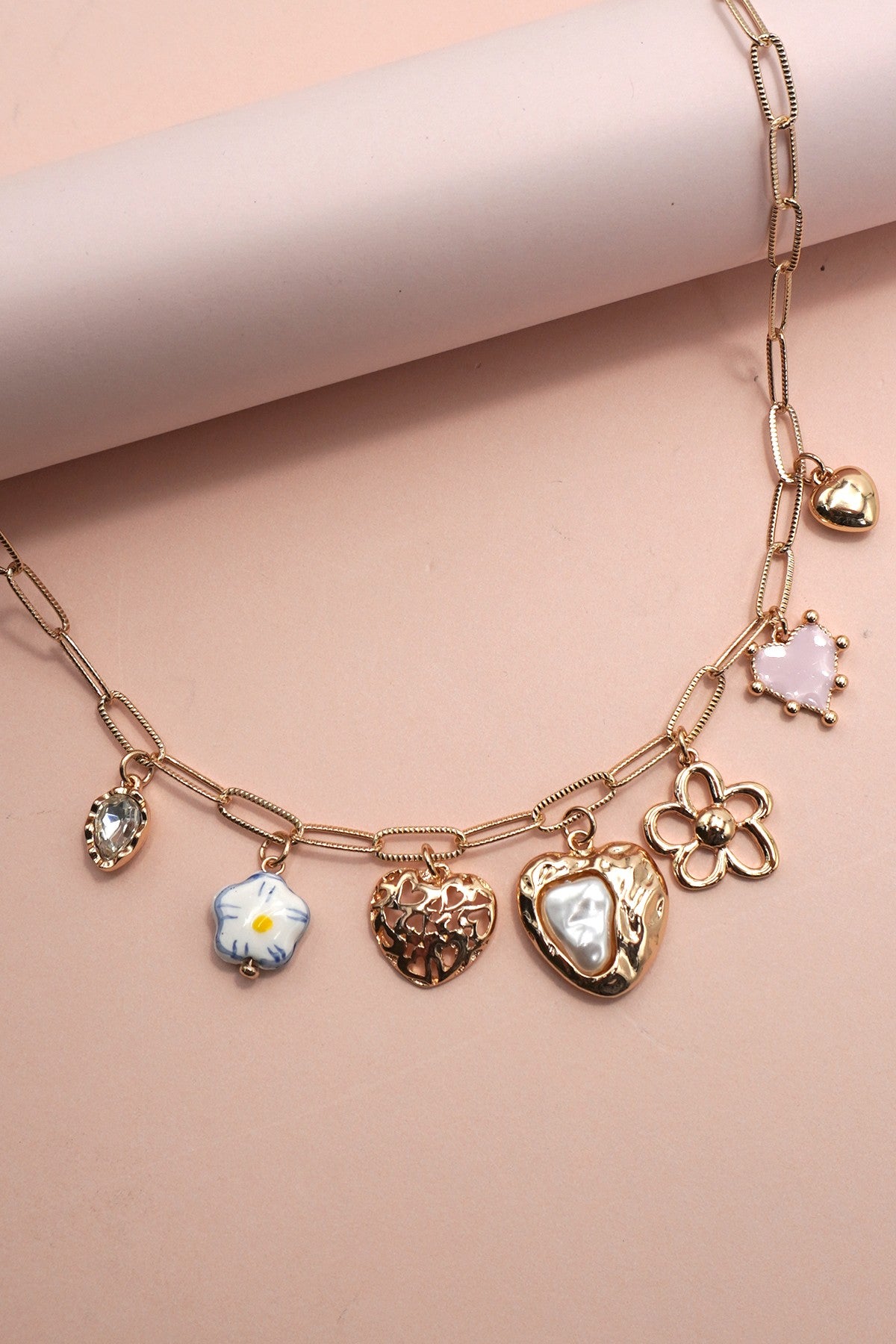 Porcelain Heart Flower Charm Necklace