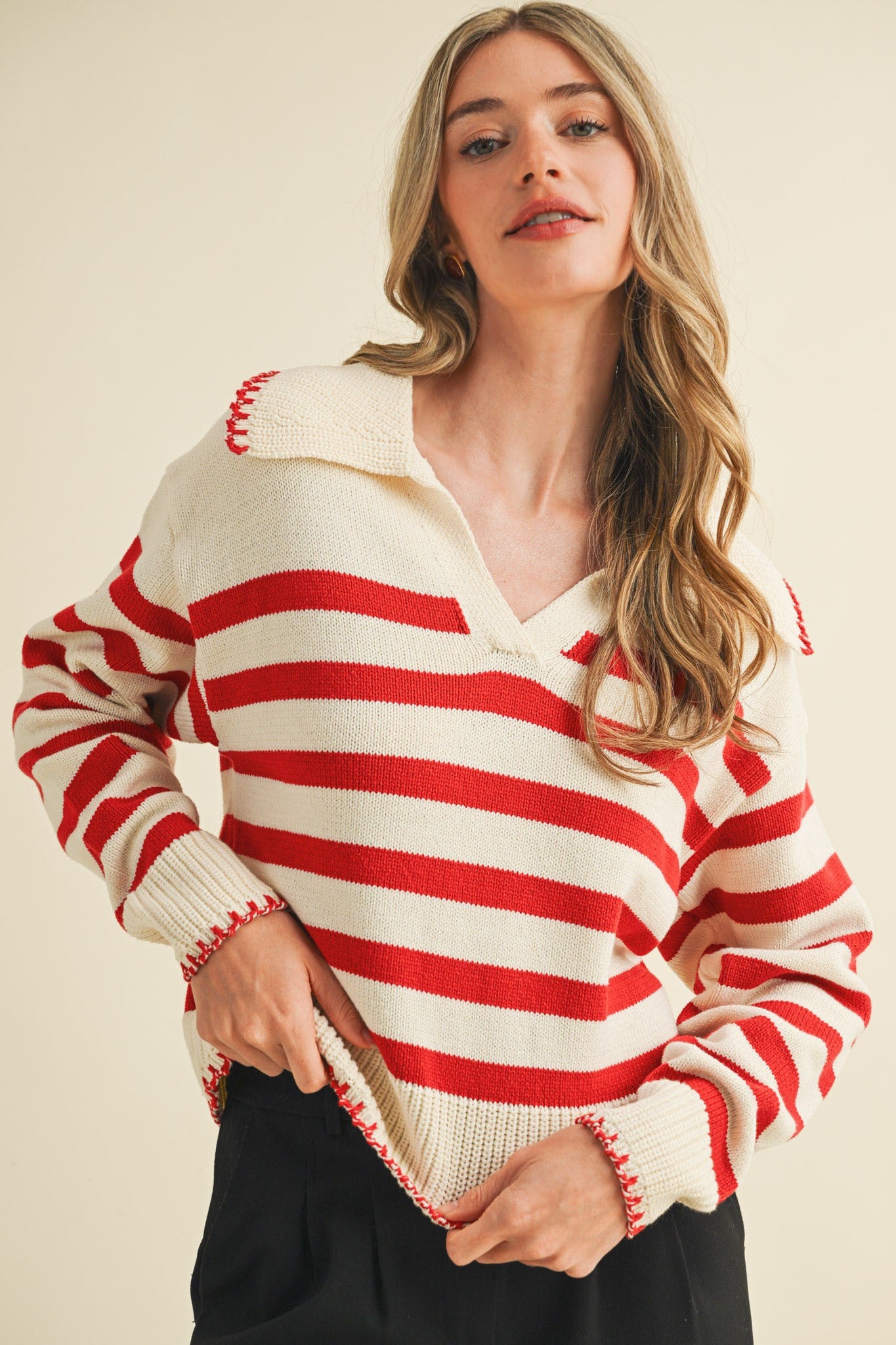 Striped Collared Sweater w/ Blanket Stitch