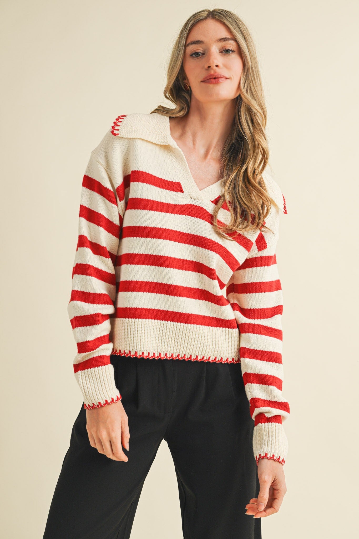 Striped Collared Sweater w/ Blanket Stitch