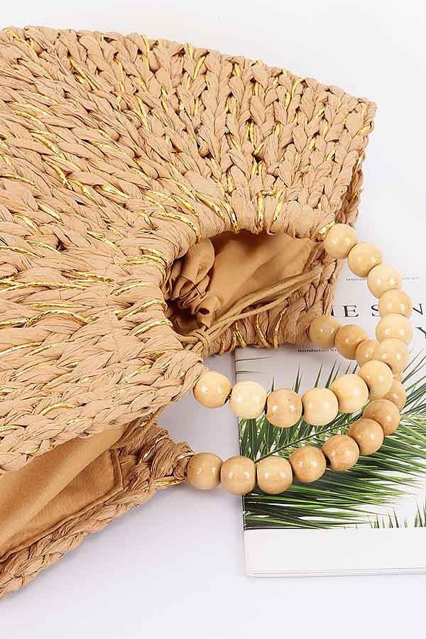 Handmade Faux Straw Wood Beads Handle Tote Bag