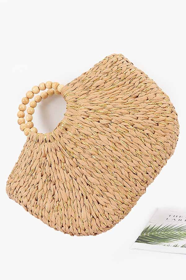 Handmade Faux Straw Wood Beads Handle Tote Bag
