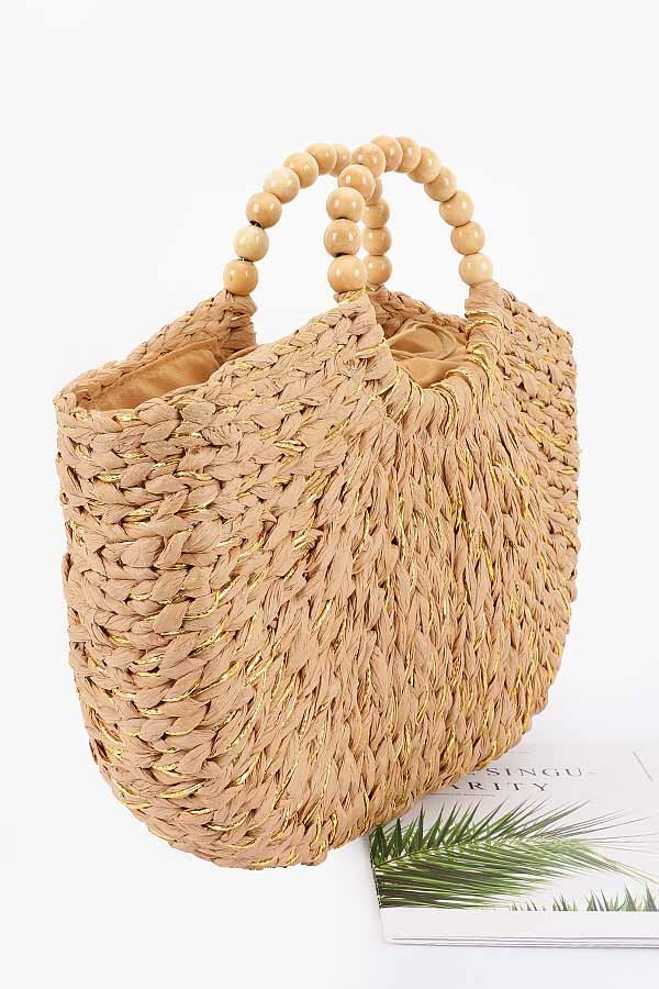 Handmade Faux Straw Wood Beads Handle Tote Bag