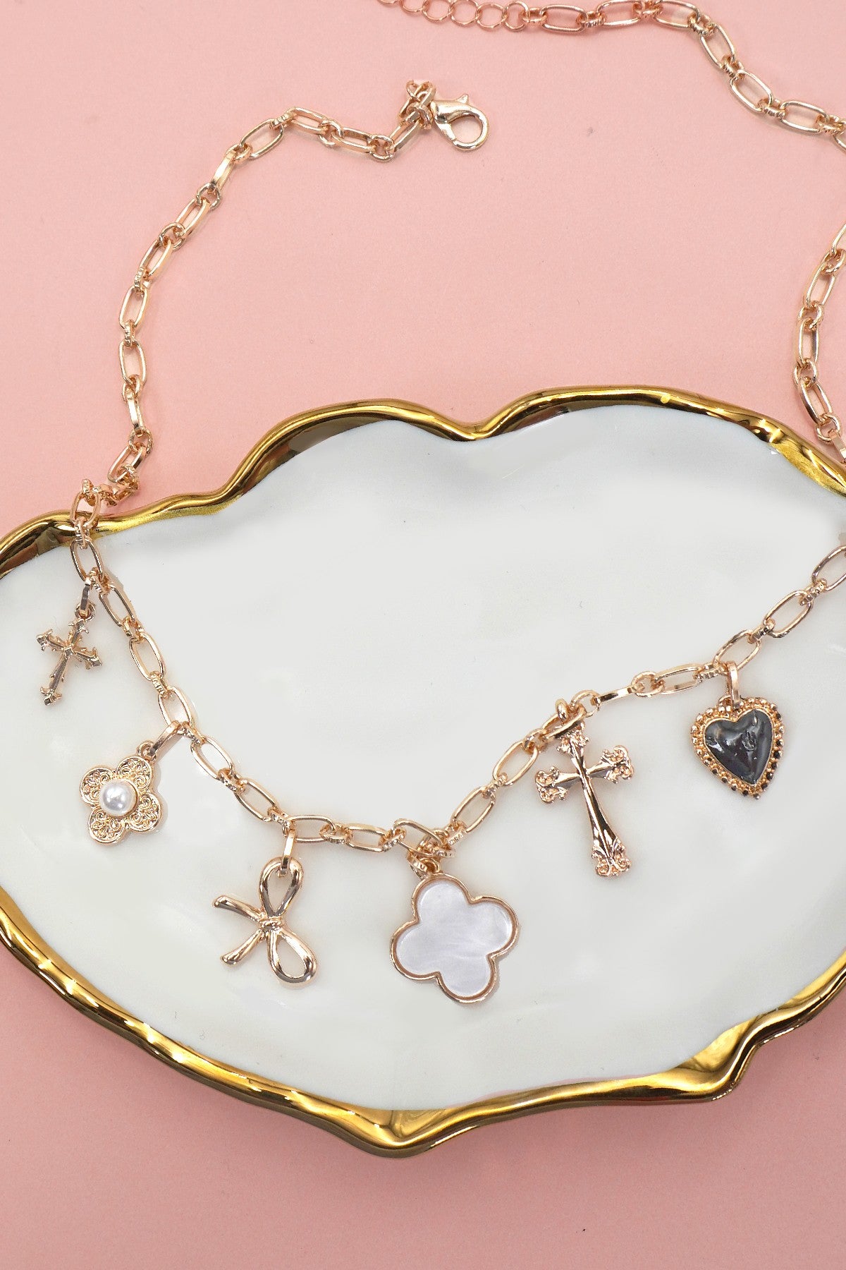 Clover Bow Cross Heart Flower Charm Necklace
