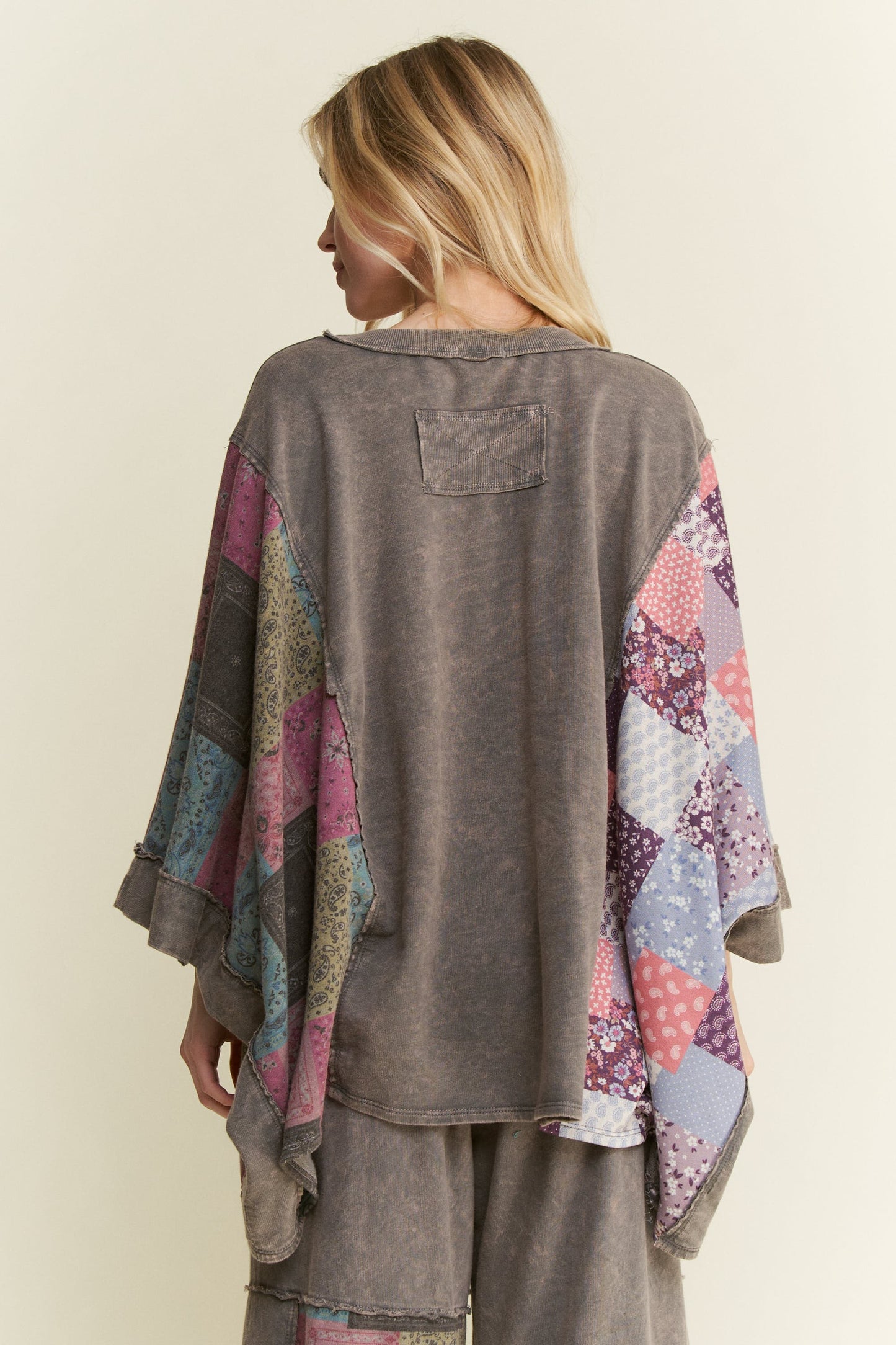 Mineral Washed Boho Patch Poncho Top