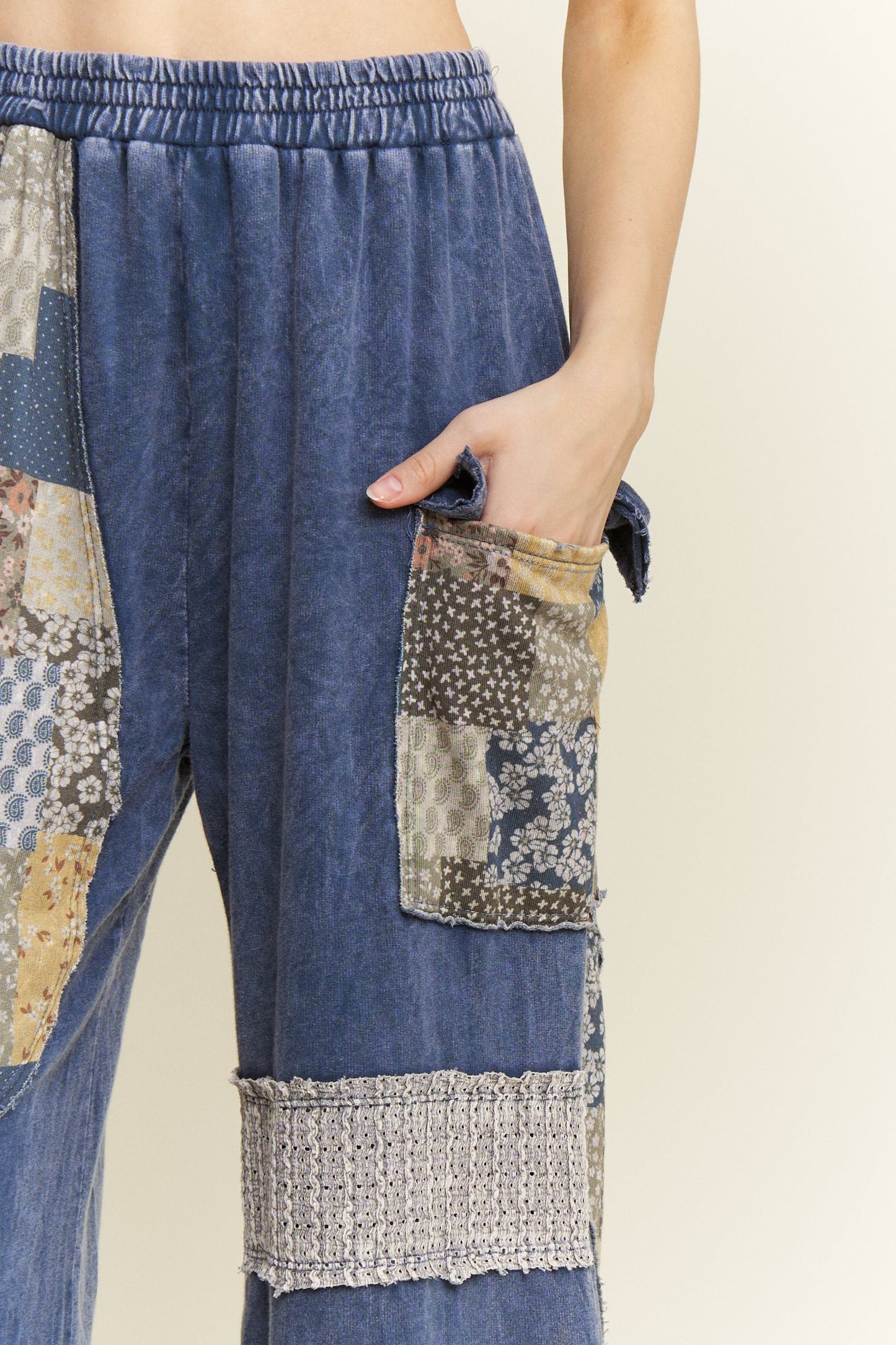 Mineral Washed Patchwork Lace Detail Wide Leg Pants