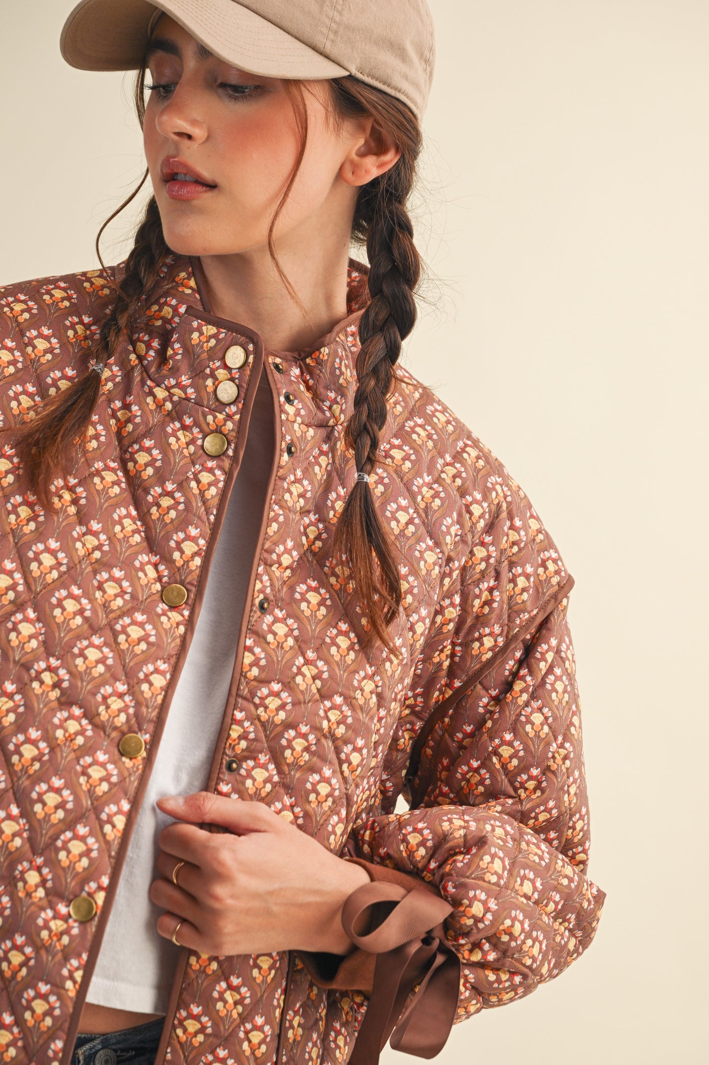 Floral Quilted Jacket w/ Ribbon Sleeve Detail