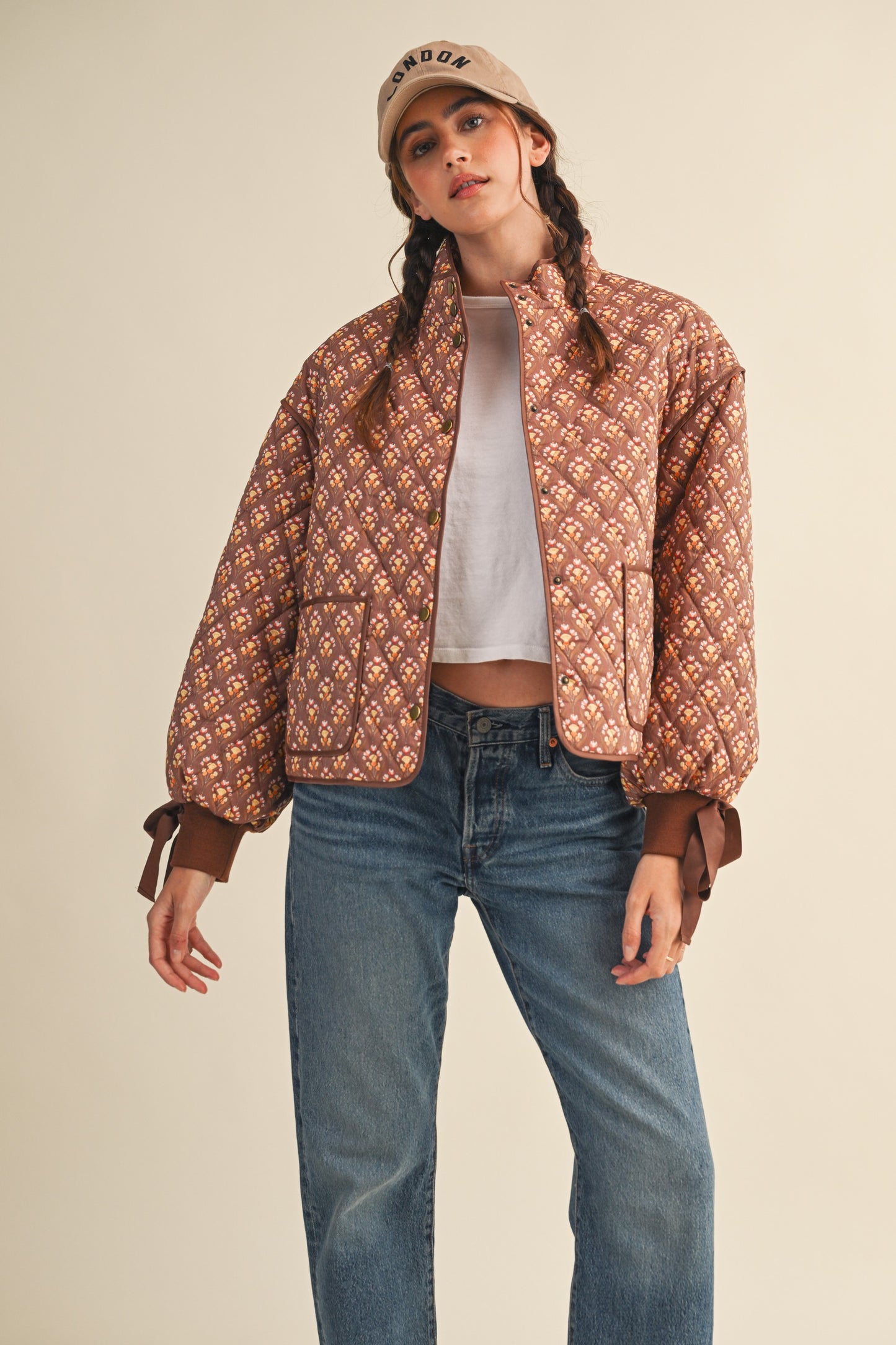 Floral Quilted Jacket w/ Ribbon Sleeve Detail