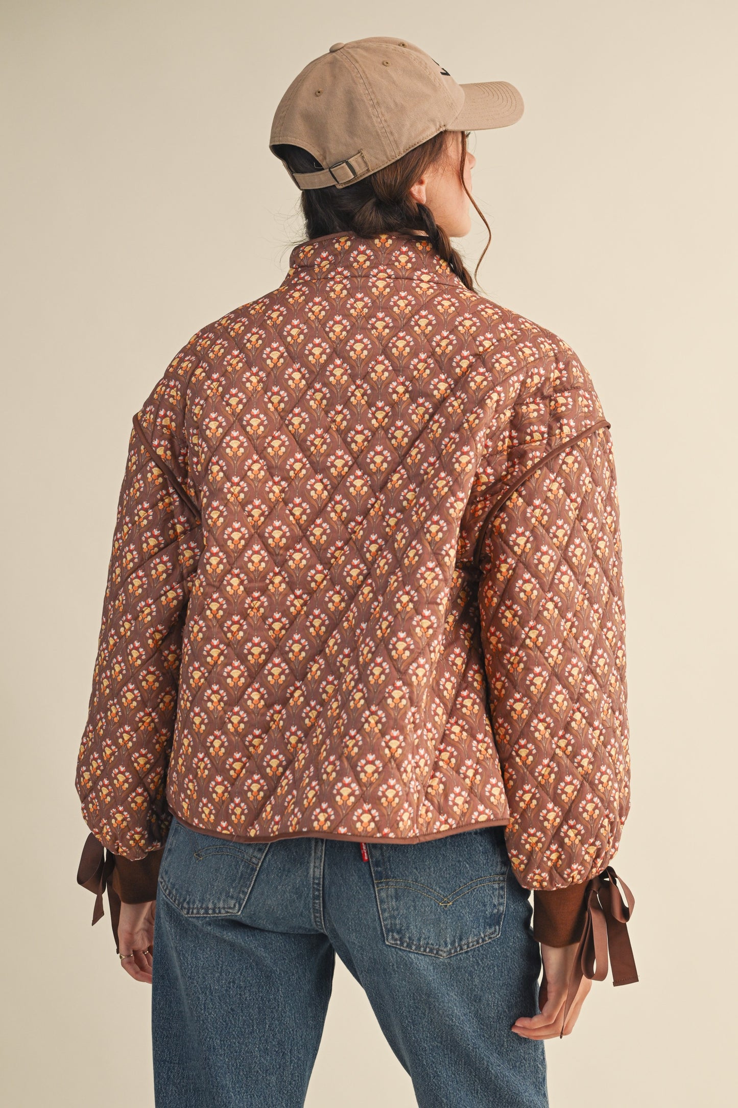 Floral Quilted Jacket w/ Ribbon Sleeve Detail