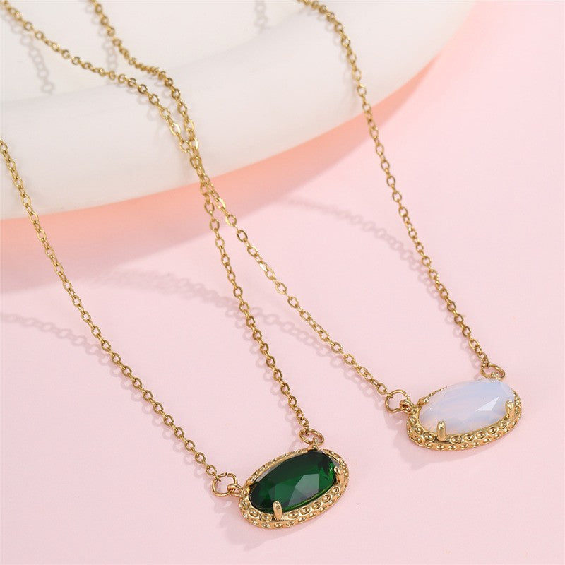 Oval Gemstone Charm Pendant Necklace