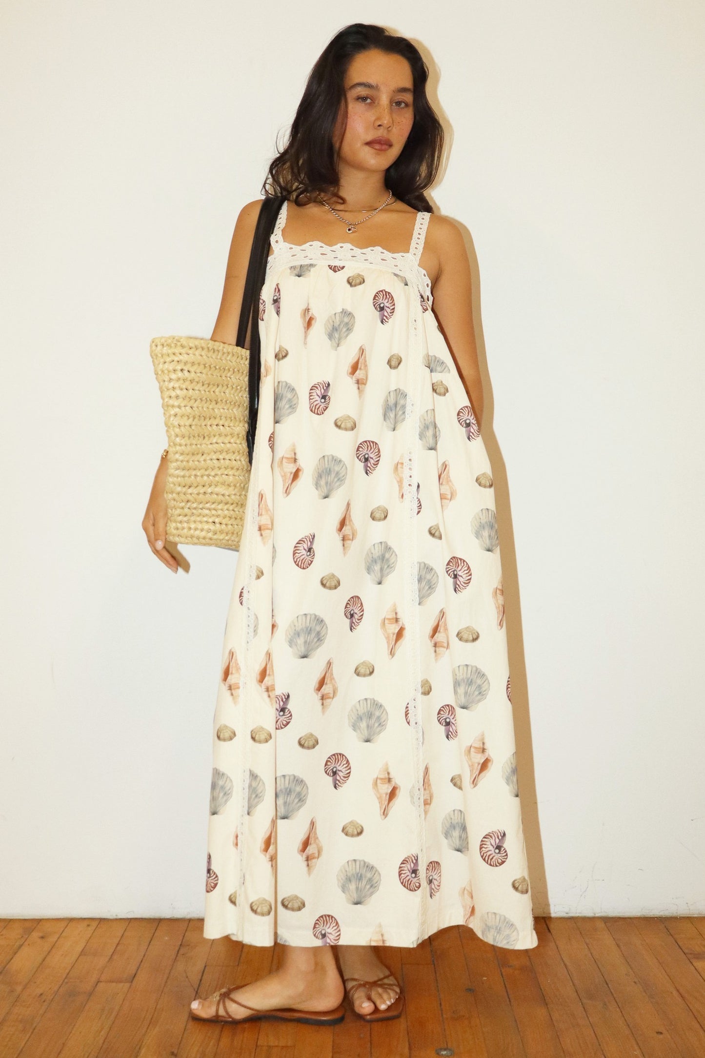 Seashell Print Lace Trim Maxi Dress