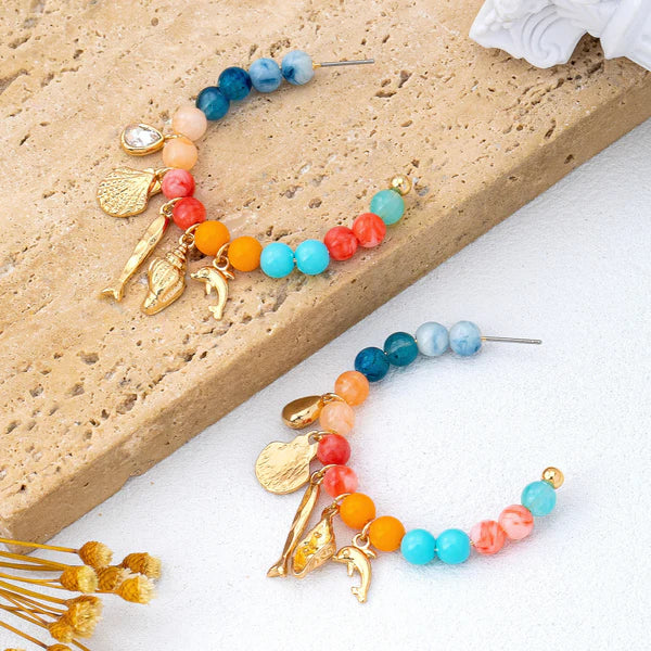 Nautical Multi-Charm Beaded Hoop Earrings
