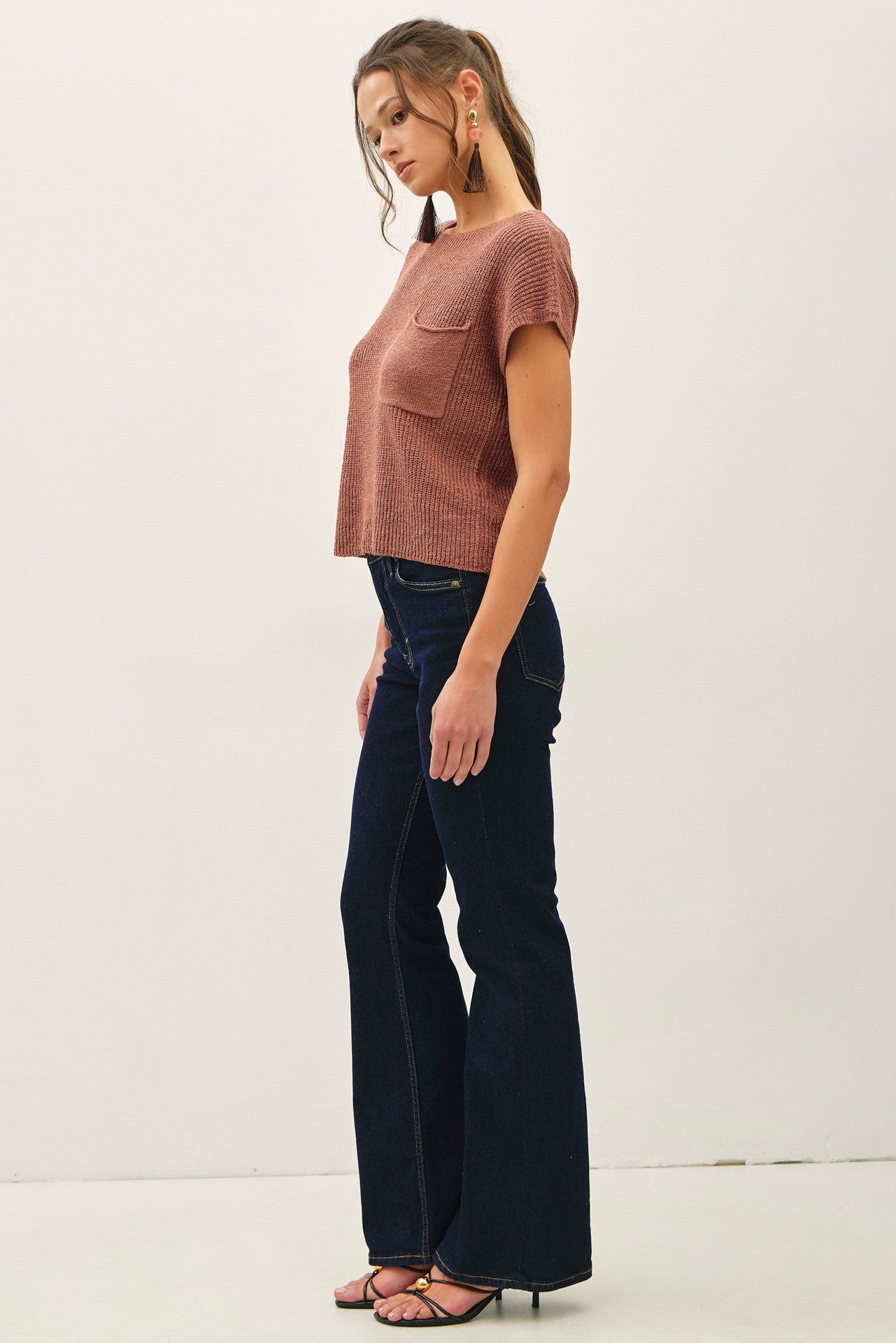 Boat Neck Dolman Cap Sleeve Boxy Knit Sweater Top with Patch Pocket