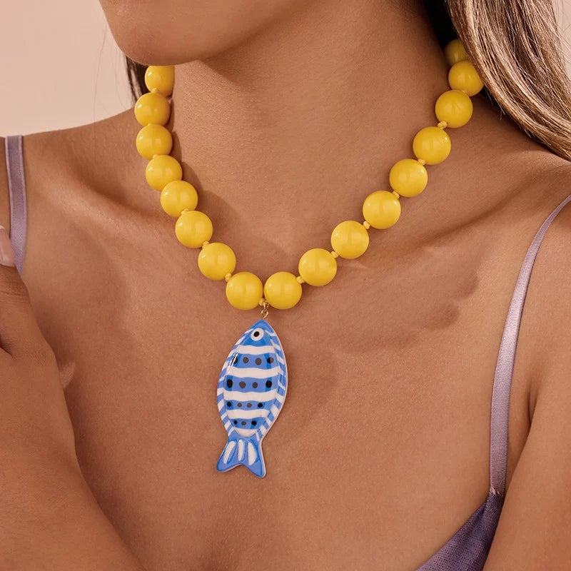 Blue Fish Pendant Beaded Necklace