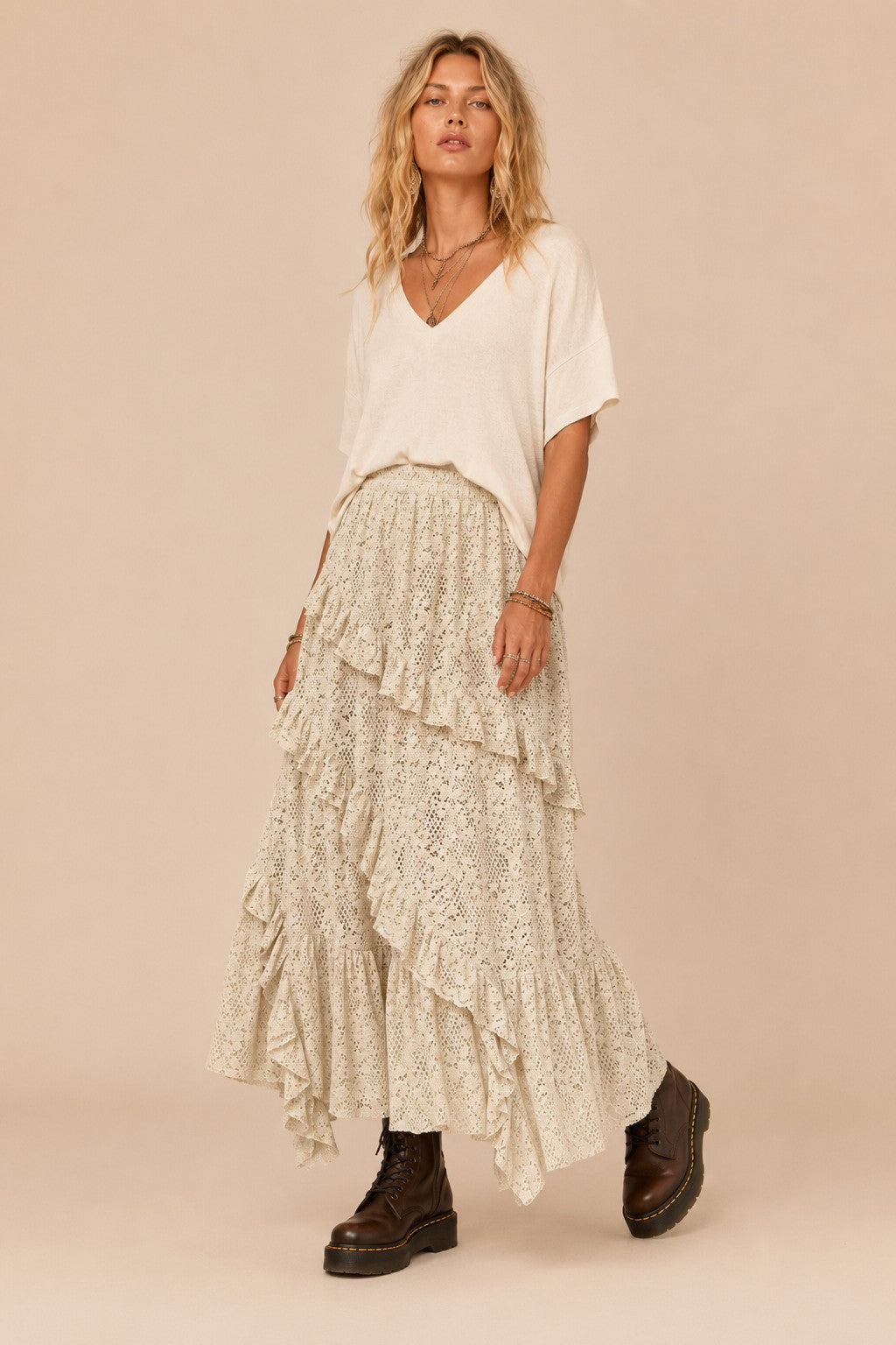 Tiered Ruffle Pointelle Knit Maxi Skirt