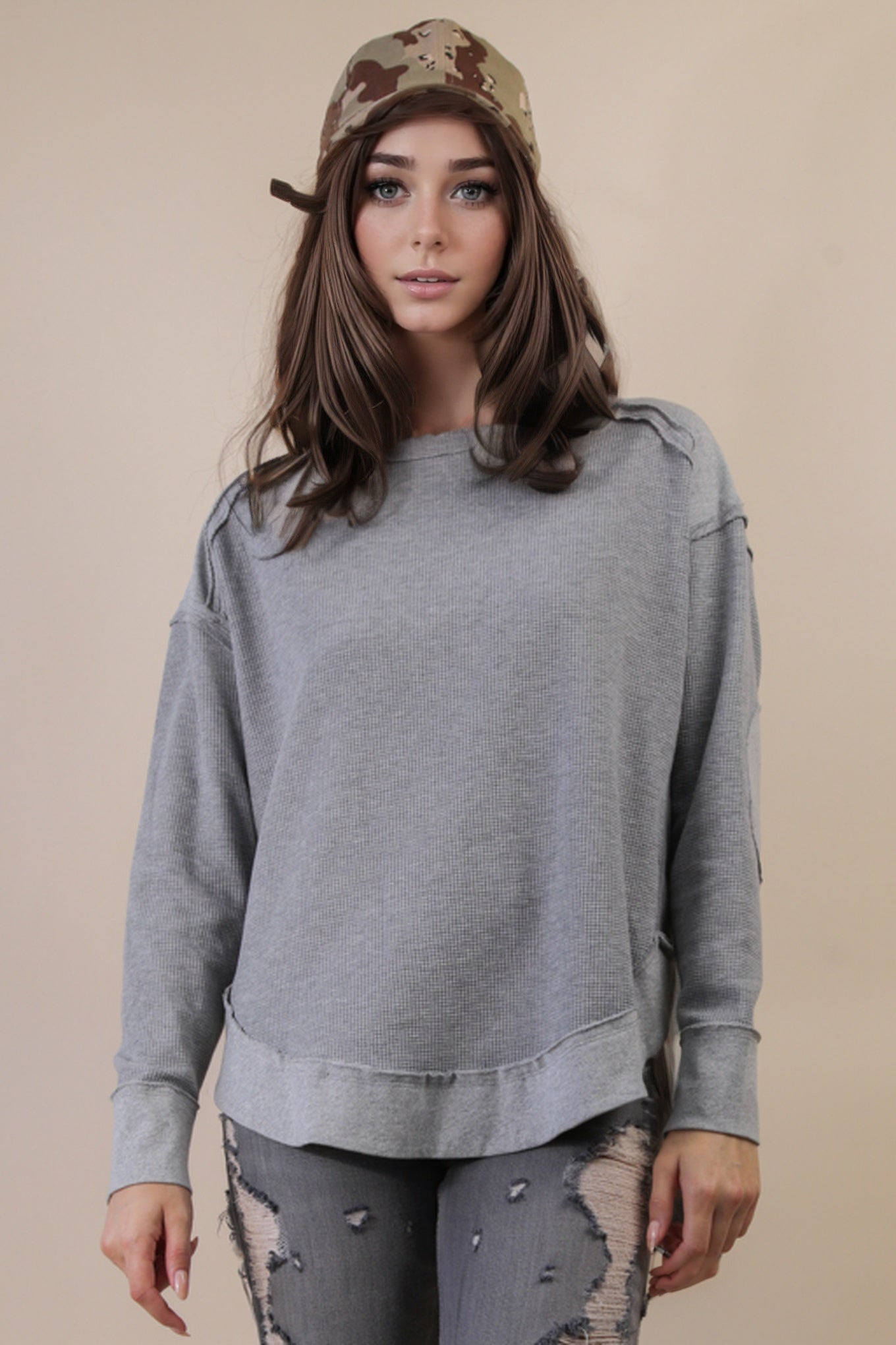 Mineral Washed Elbow Patch Contrast Knit Top