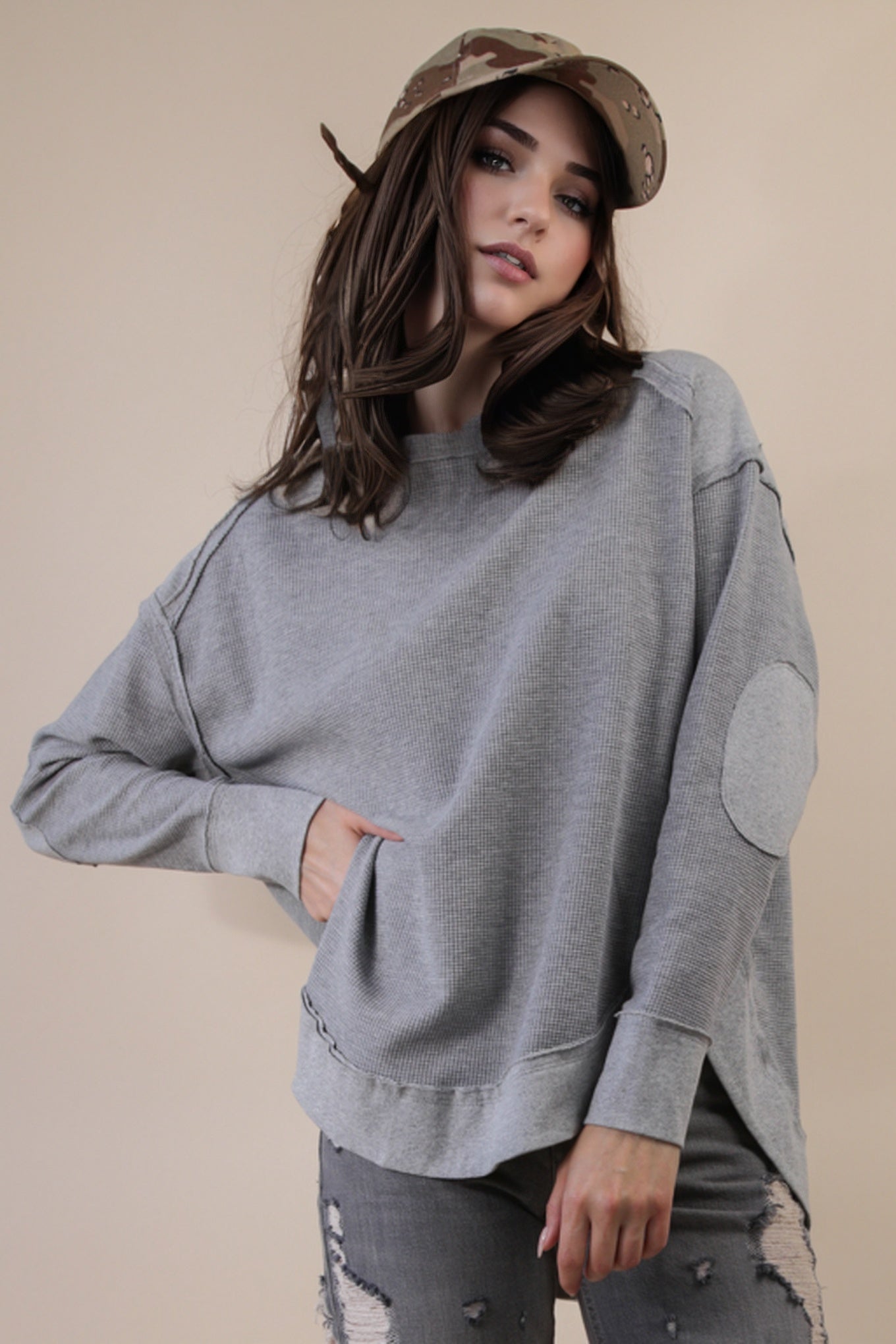 Mineral Washed Elbow Patch Contrast Knit Top