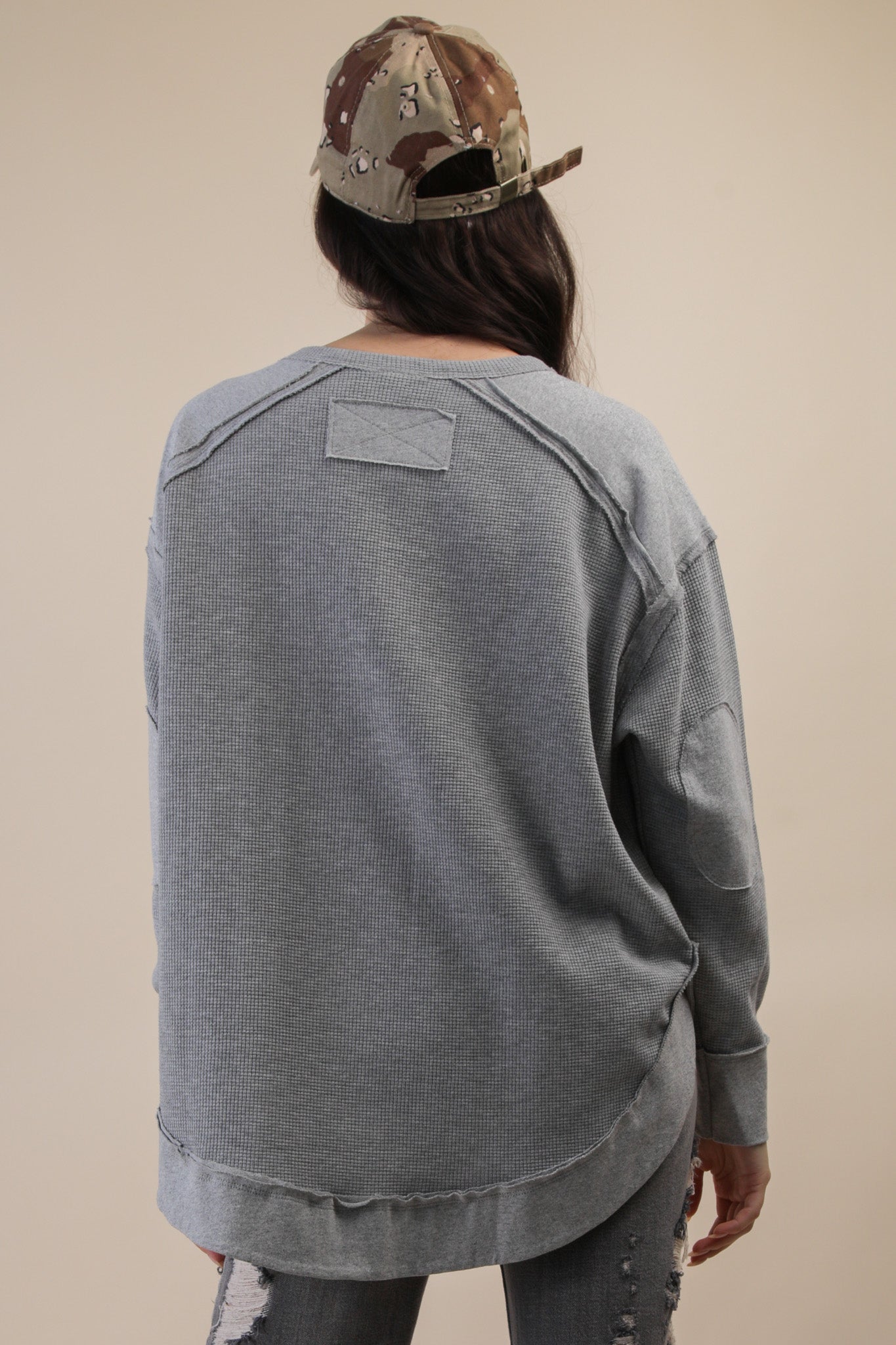 Mineral Washed Elbow Patch Contrast Knit Top