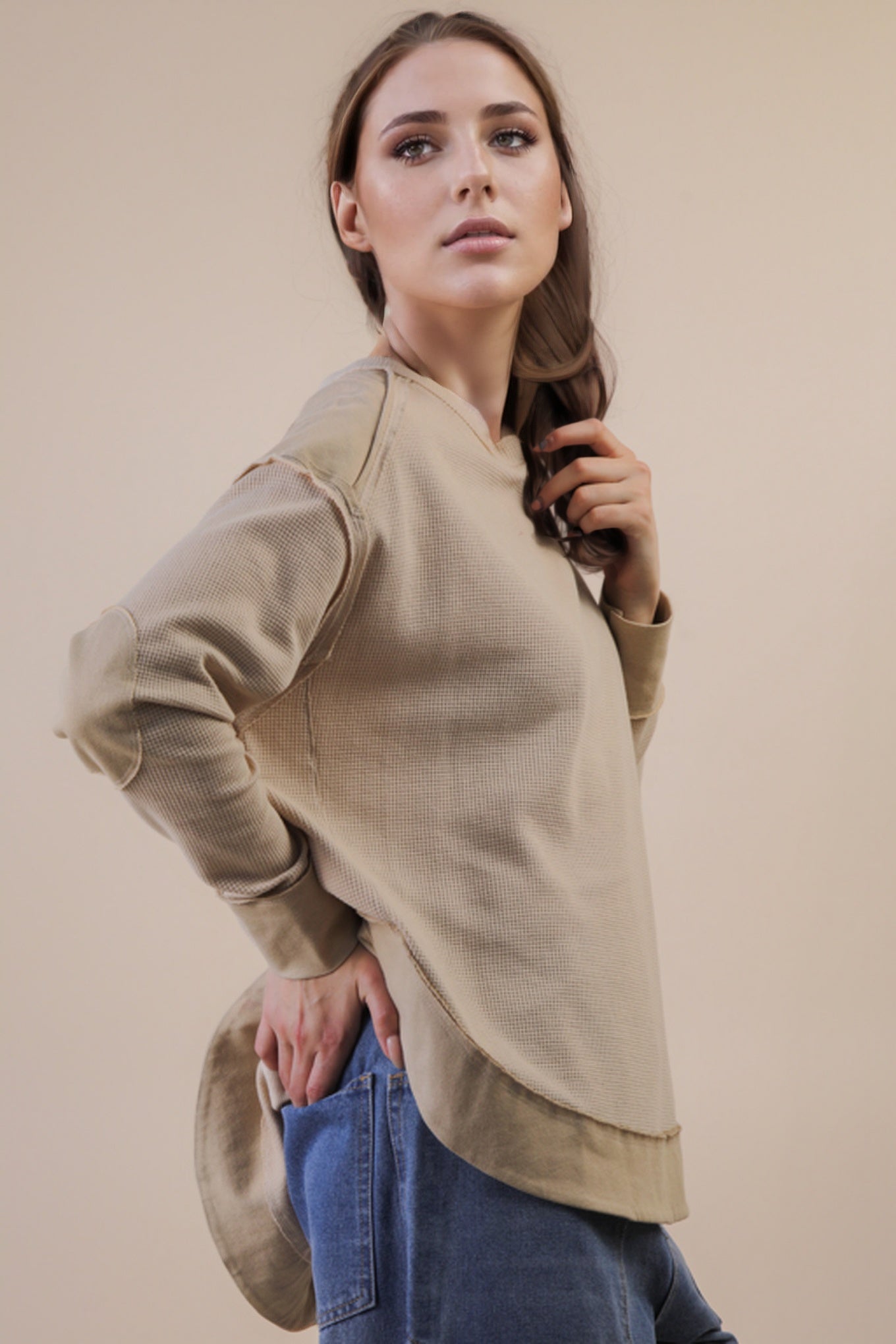 Mineral Washed Elbow Patch Contrast Knit Top