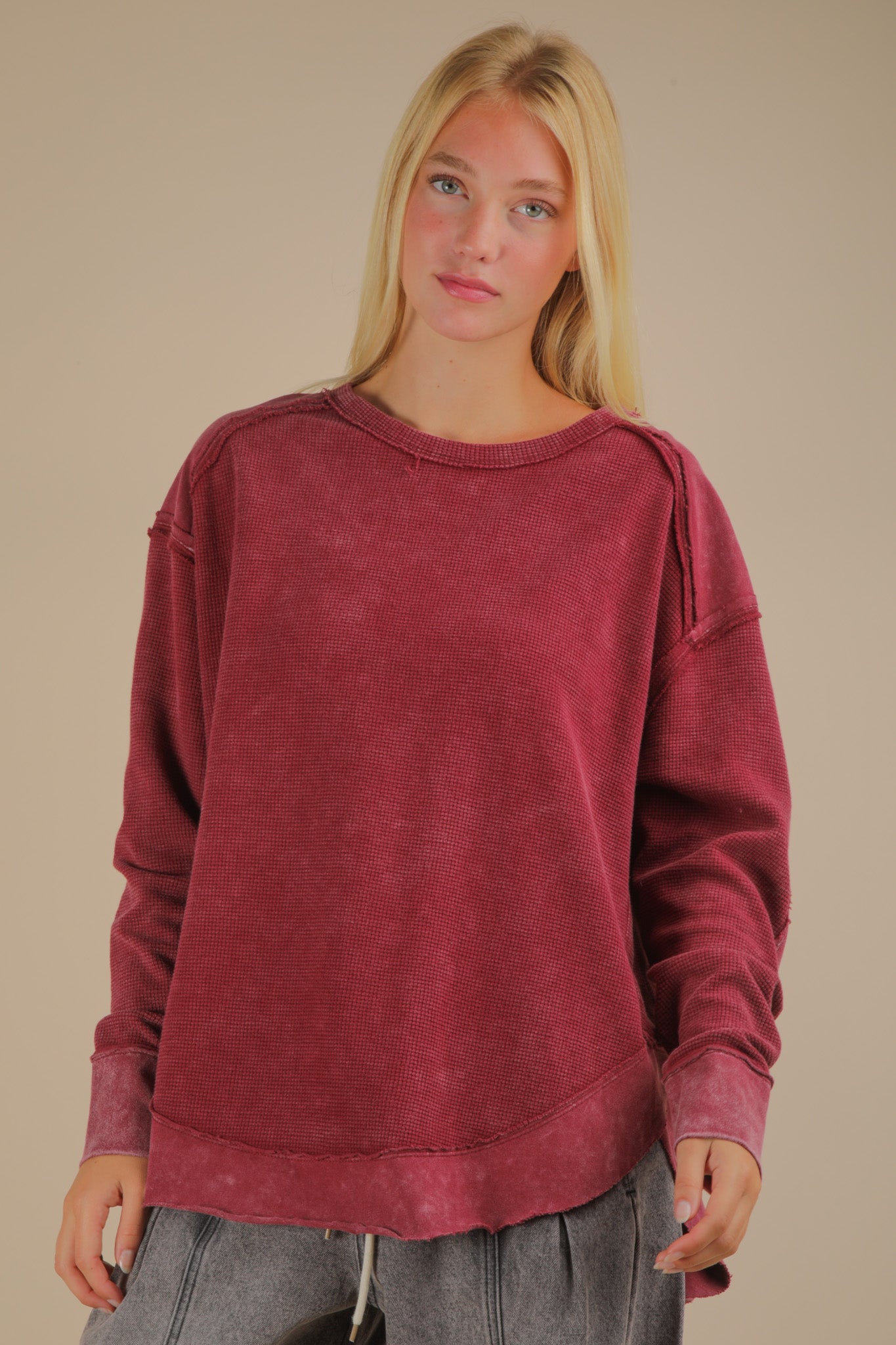 Mineral Washed Elbow Patch Contrast Knit Top