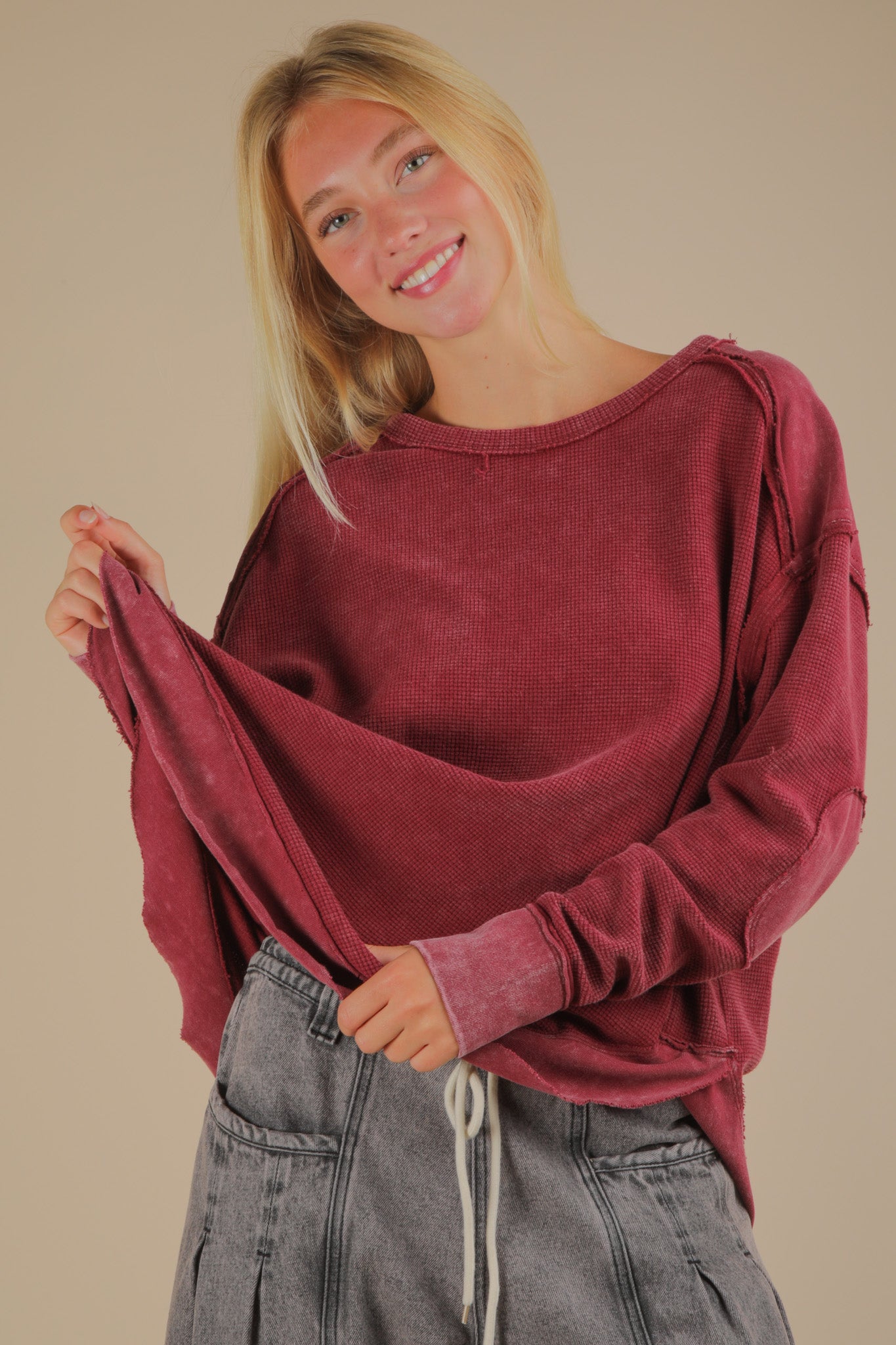 Mineral Washed Elbow Patch Contrast Knit Top