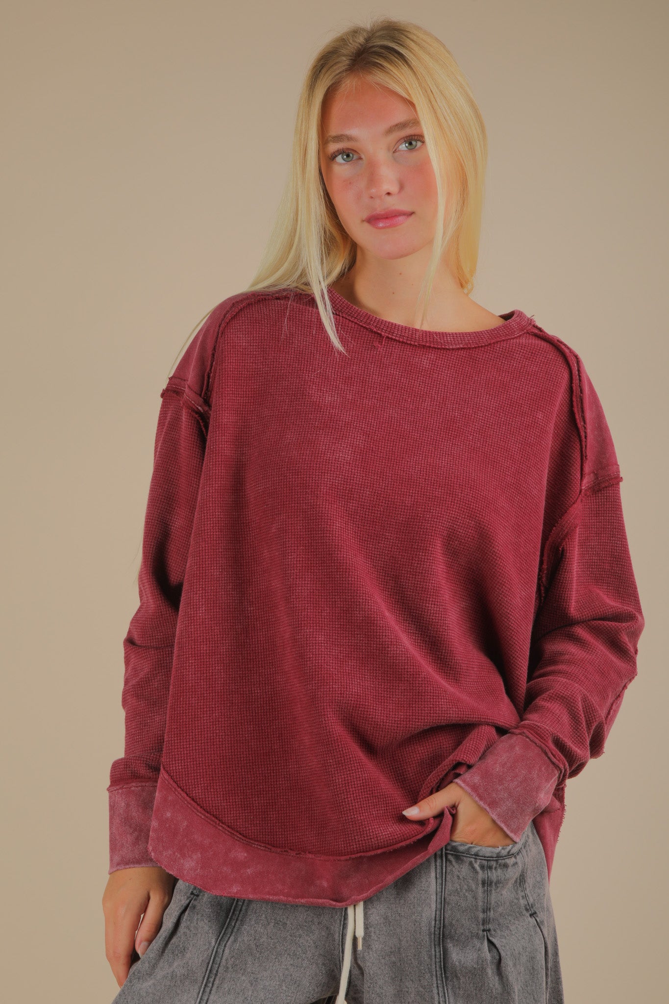 Mineral Washed Elbow Patch Contrast Knit Top