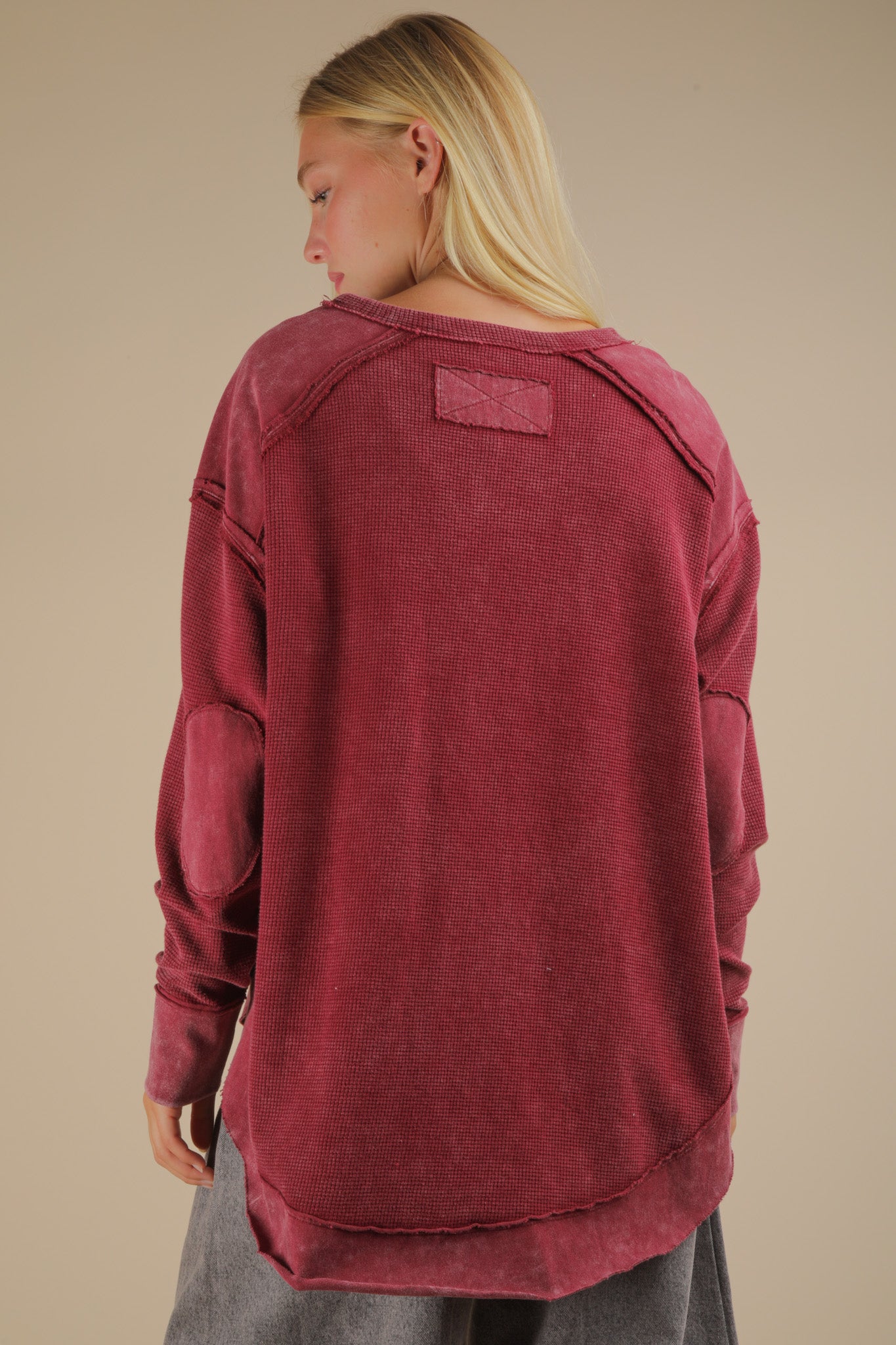 Mineral Washed Elbow Patch Contrast Knit Top