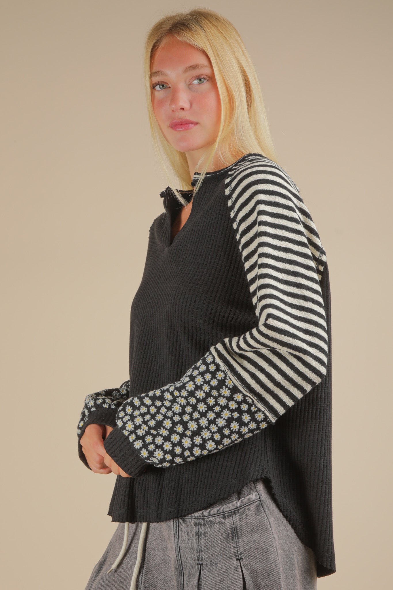 Oversized Floral & Stripe Casual Knit Top