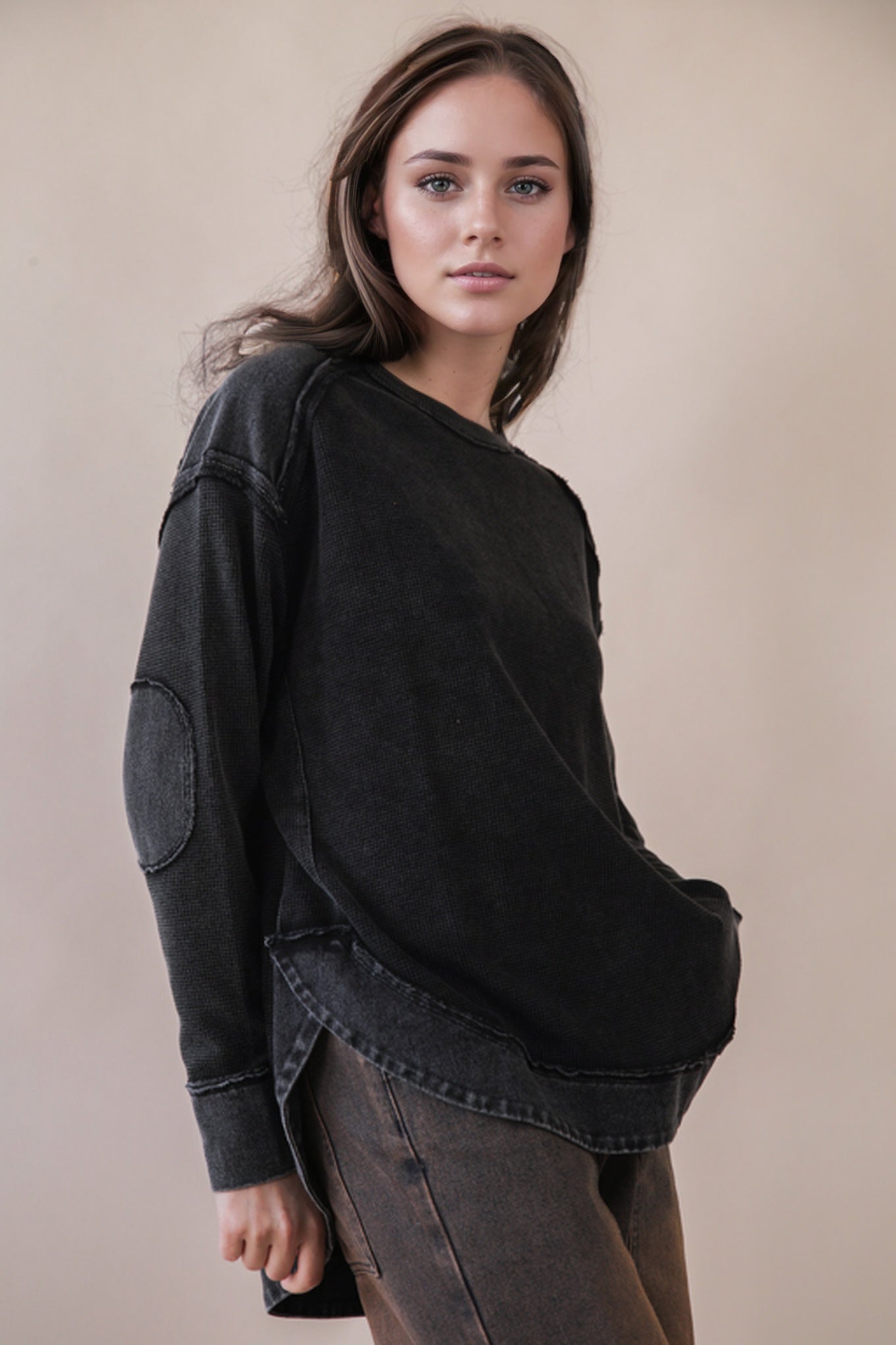 Mineral Washed Elbow Patch Contrast Knit Top